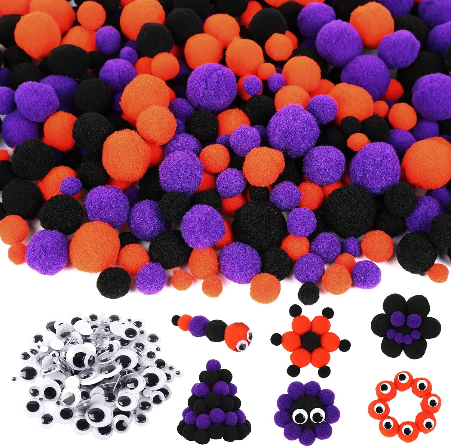Halloween Pom Poms Crafts,800 Pieces Black Purple Orange Green Pompoms Fluffy Balls with Wiggle Eyes for Halloween Party DIY Creative Crafts Decorations Supplies