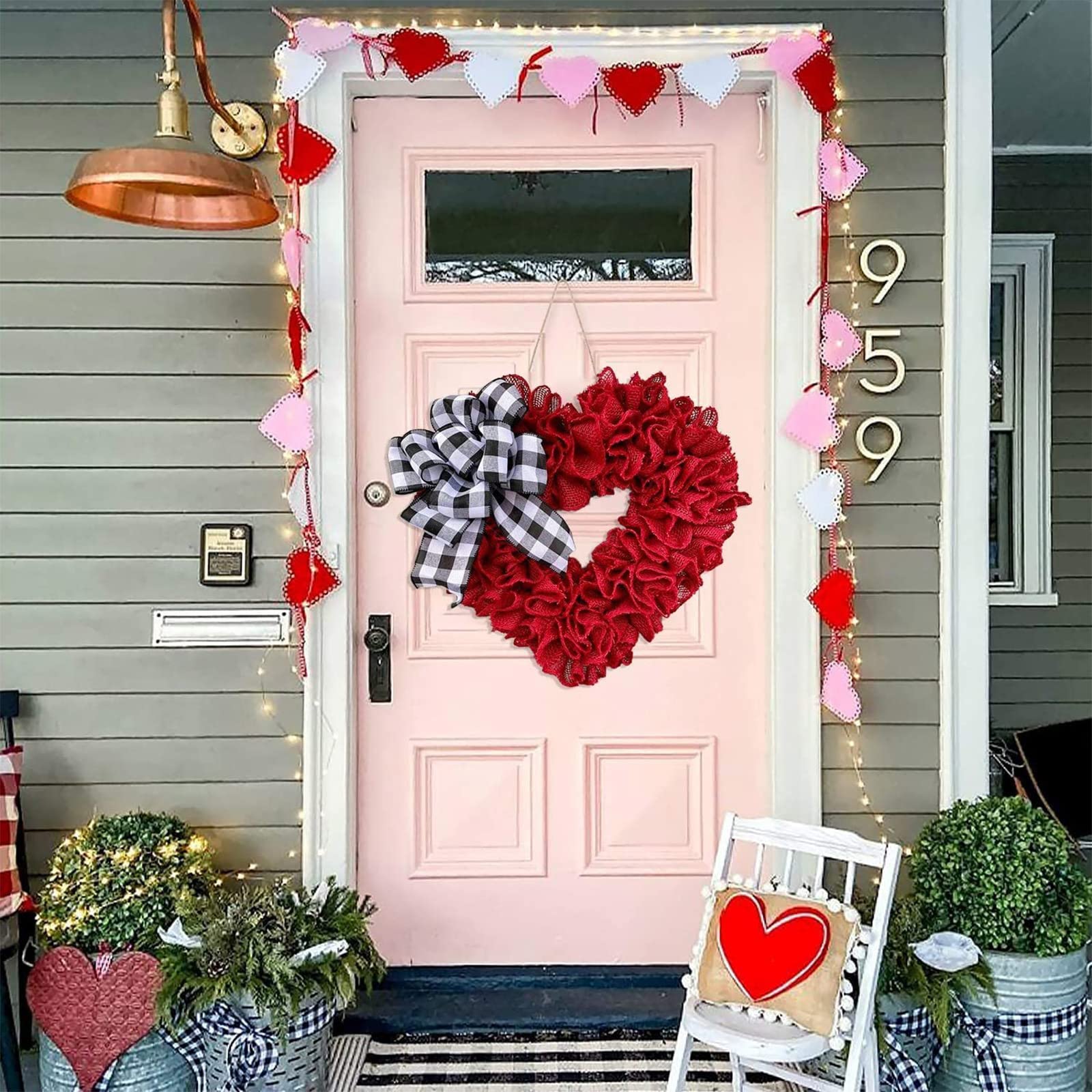 Ghirlanda di tulipani artificiali rosa, 40 cm, in seta, mezza copertura, per primavera ed estate, ghirlanda di benvenuto per porta d'ingresso, con foglie verdi e fiocco in iuta
