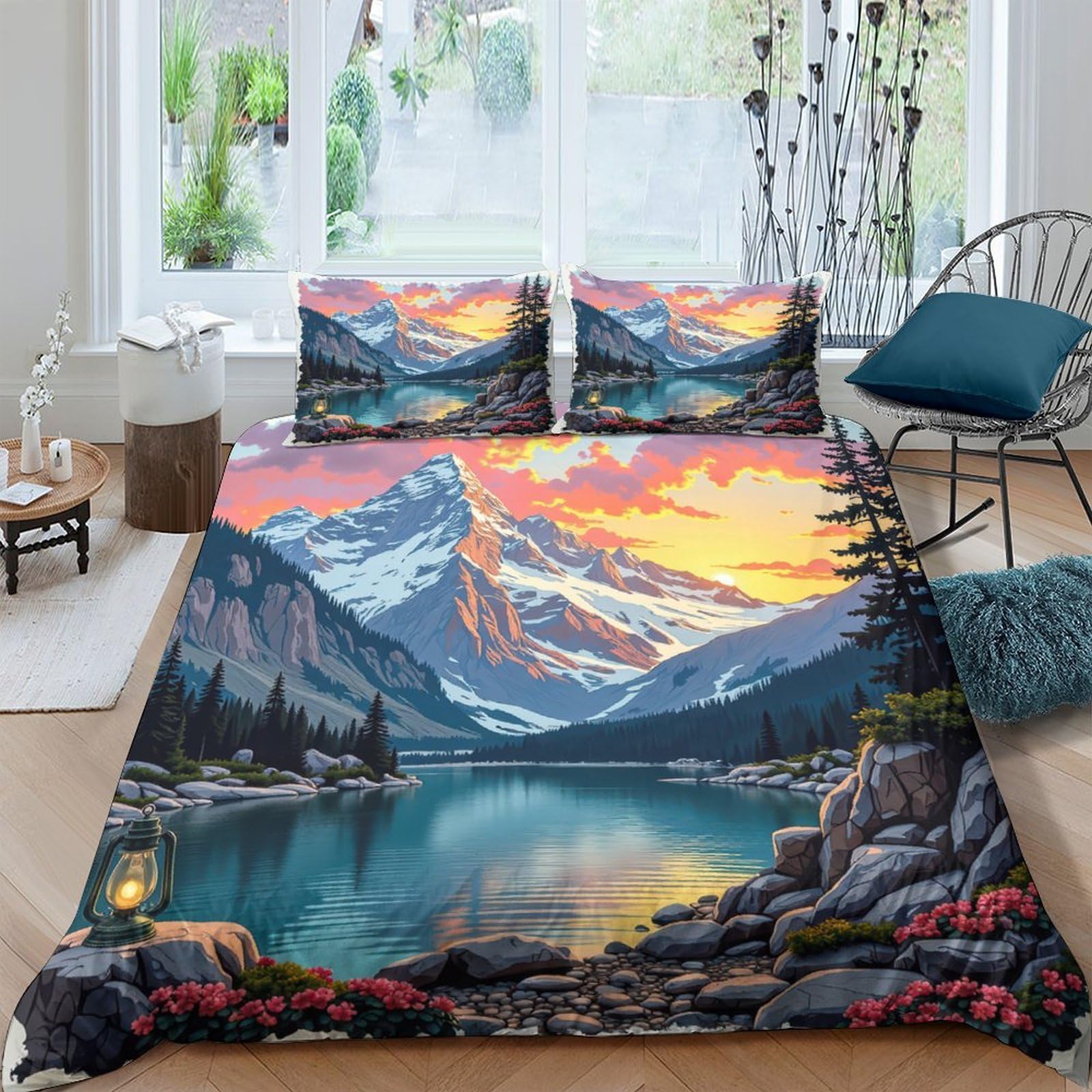 Ctjqhvkz Style-4 3D Printed Mountain Lake Fitted Sheet Microfiber Soft Breathable Sunset Landscape Mattress Cover Bedroom Decor Single（135X200cm）