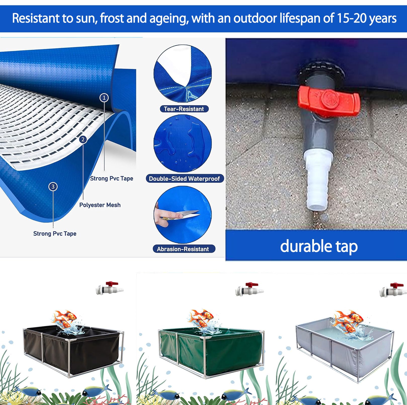Fischteich aus Segeltuch und PVC | Mehrfarbiger Fischteich in verschiedenen Größen for Kultur und Garten(Blue,2*1.5*0.6m)