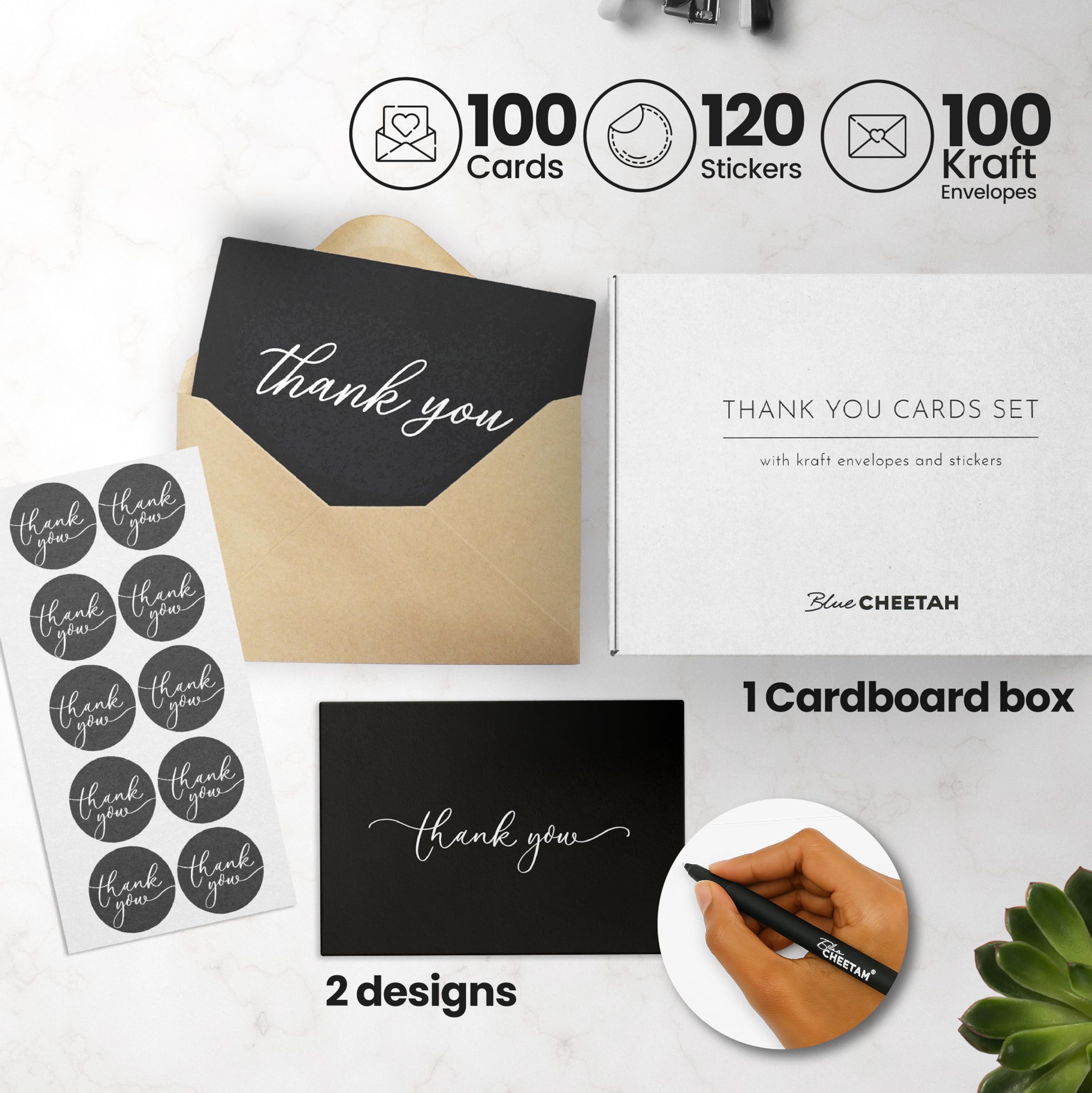 100 tarjetas de agradecimiento negras, dos diseños de notas de agradecimiento, tarjeta de agradecimiento de 4 x 6 pulgadas, elegantes tarjetas de agradecimiento para baby shower, tarjetas de