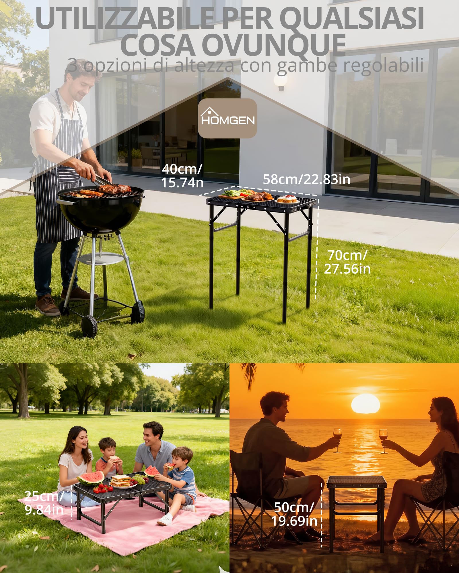 HOMGEN Tavolo da Campeggio Pieghevole con Piano Rete da 58x40cm Tavolino da Giardino in Alluminio con 3 Altezze Regolabili (25/50/70cm) Tavolo da Picnic Regolabile Piano in MDF per Barbecue, Pesca