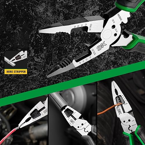 Miniatura 7 de SK Alicates de punta larga multiusos de 8 pulgadas, alicates de punta de aguja, 7 en 1, construcción de acero CR-V premium, mango ergonómico