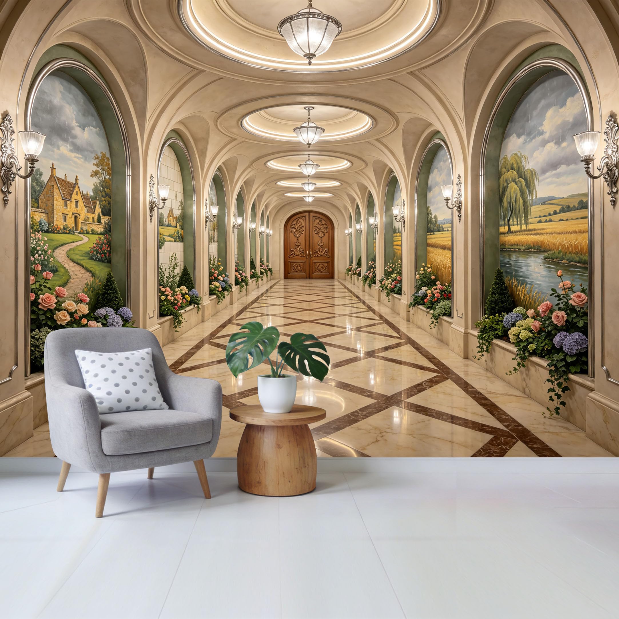 Removable Self Adhesive Fabric Mural， Neoclassical European Palace Corridor Custom Size Wall Covering， UV Protected Waterproof Washable Wall Decor for Living Room Bedroom Bathroom