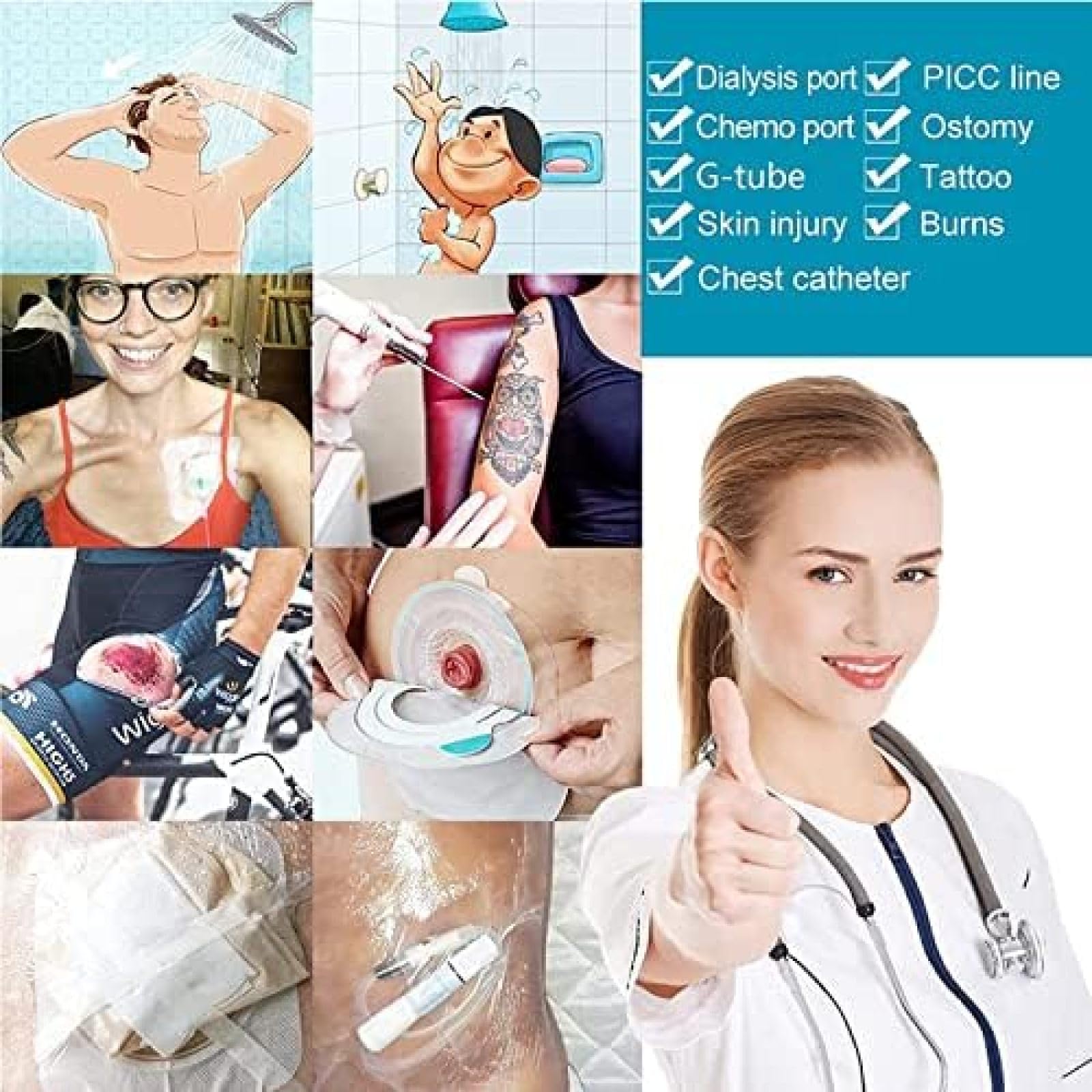 Peritonealdialyse-Duschschutz, Pu-transparenter wasserdichter Membranverband, wasserdichte Duschabdeckung für den Dialyseanschluss, Klebeband zum Baden, 50 Stück
