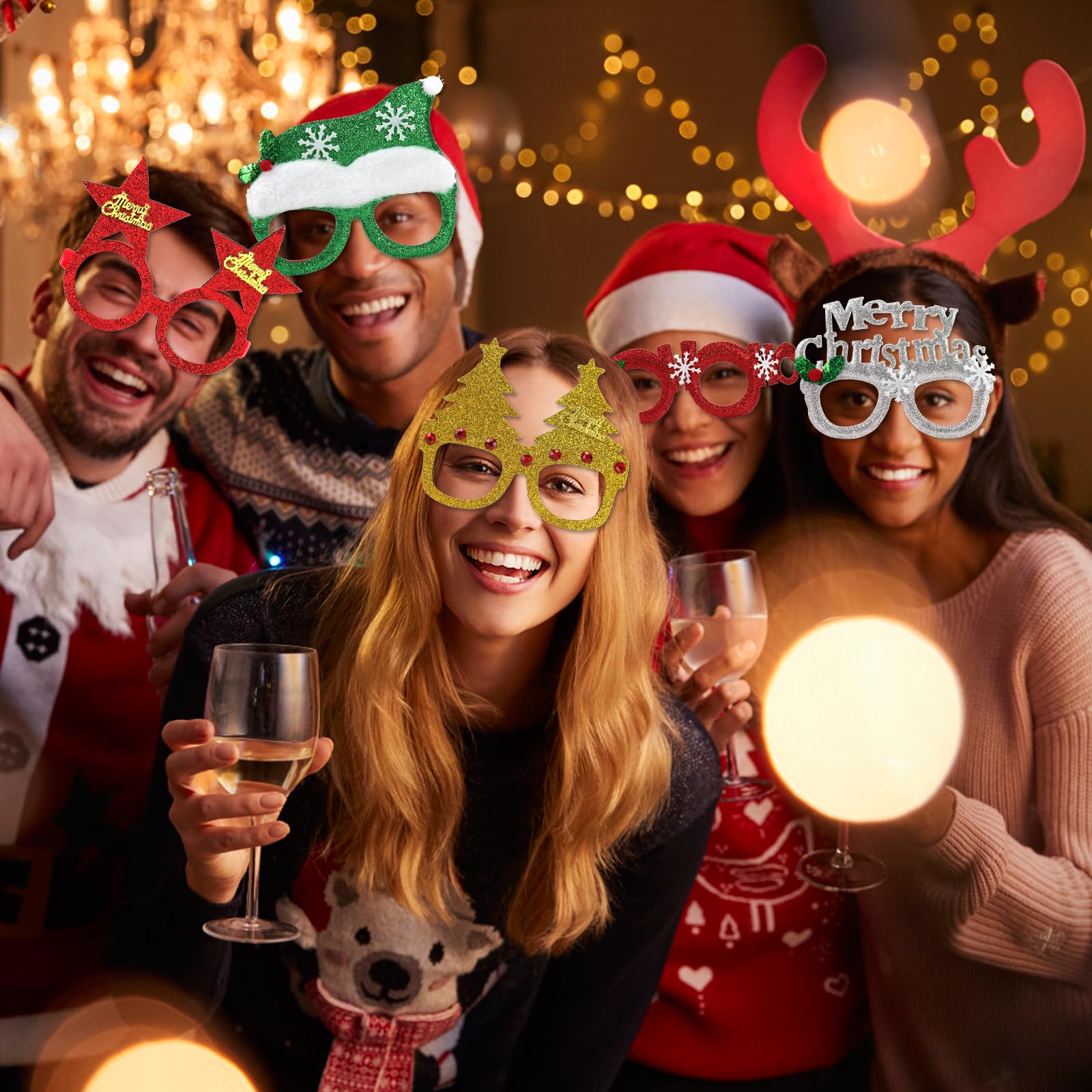36 marcos de gafas de Navidad, lentes con purpurina para árbol de Navidad, Papá Noel, reno, accesorios divertidos de decoración de fiesta de Navidad para niños y adultos, accesorios de cabina de fotos