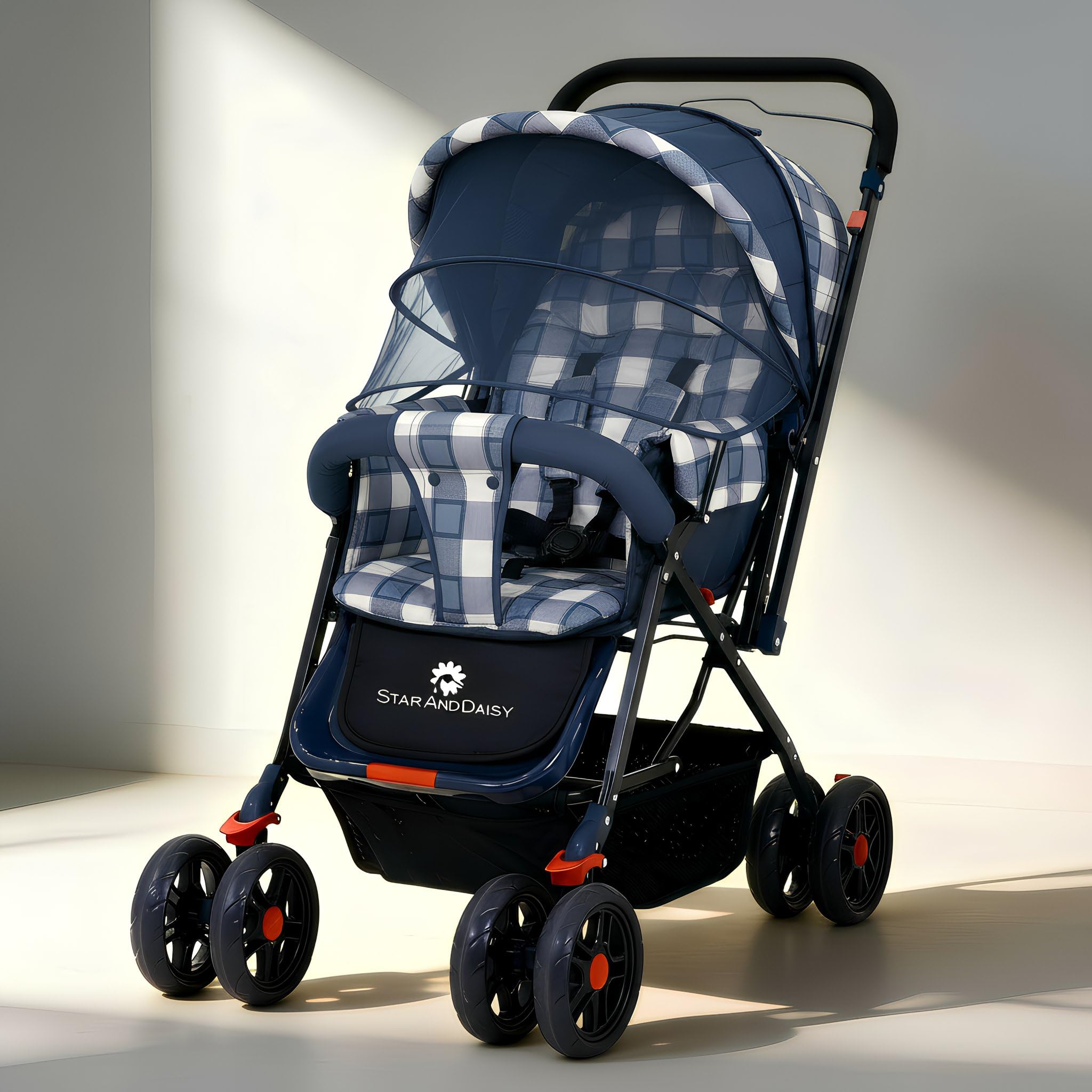 StarAndDaisy Stroller for Boy & Girl 0 to 3 Years / Baby Stroller with Lightweight / Foldable Pram for Baby with 3-Point Safety Harness, Adjustable Backrest, 360° Swivel Wheel, Reversible Handlebar, Extended Mosquito Net (Sigma)
