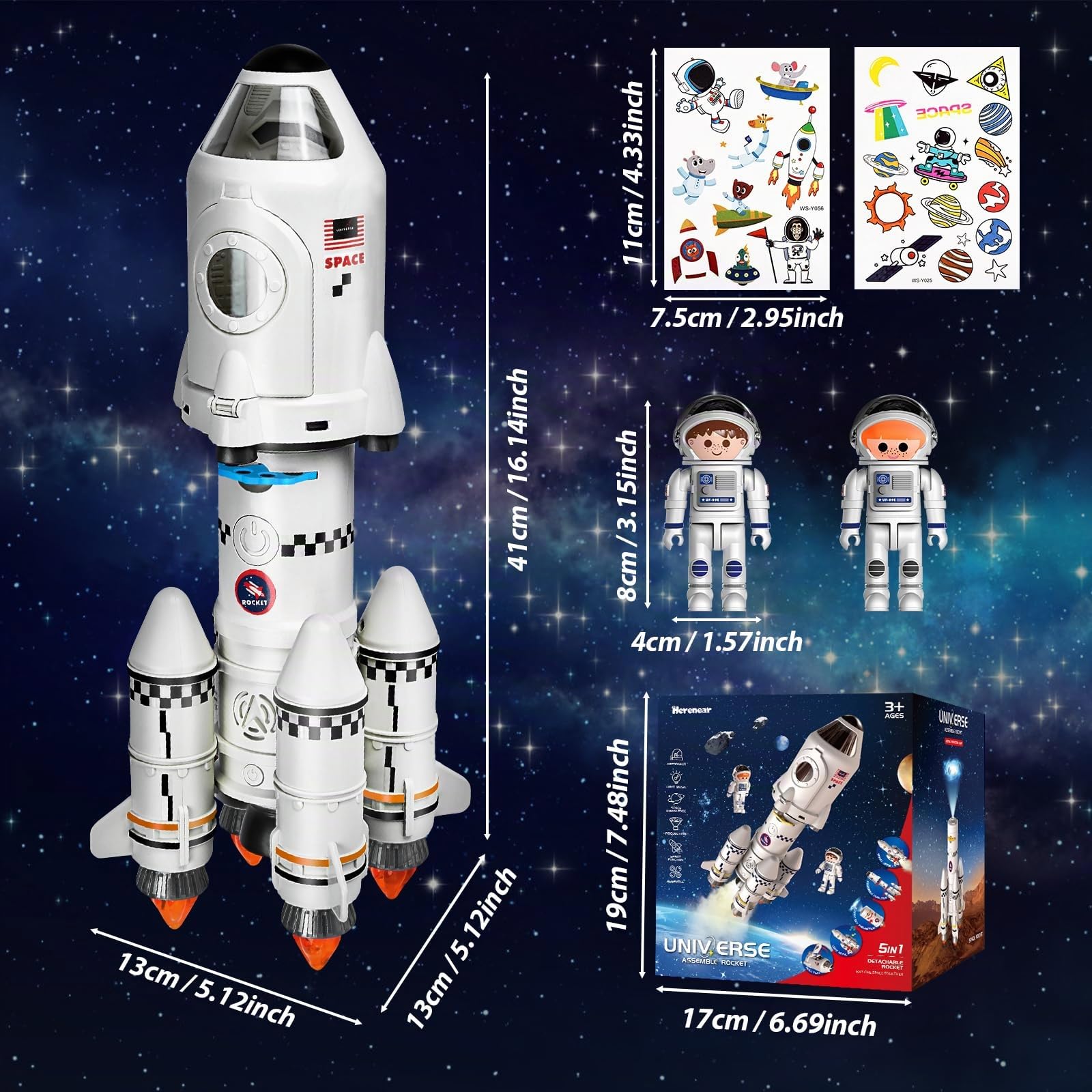 Herenear Cohete Espacial Juguete, Cohete Juguete para Niños de 6 7 8 9 10 11 12 Años, 5 En 1 Espacio Exploración Juego de Roles Juguetes con Astronautas y Lámpara de Proyección