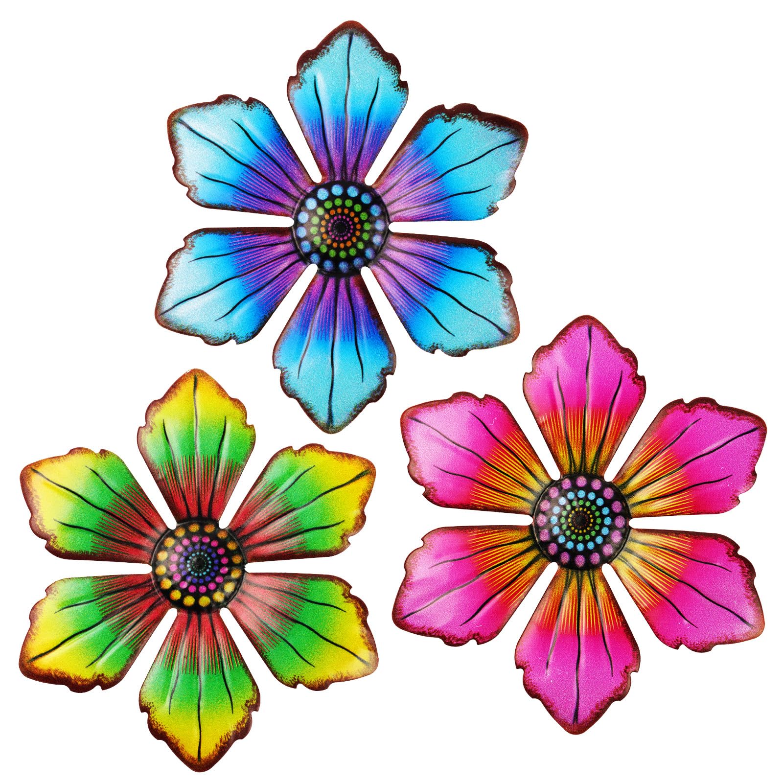 OFFCUP Arte de Pared de Flores de Metal, 3PCS Decoración para Balcón, Patio, Porche, Dormitorio, Jardín - Colgantes de Cerca, Césped, Escultura