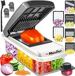 Mueller Cortador de vegetais com 9 lâminas, fatiador de mandolina, picador de vegetais, ralador de queijo, cortador de cebola, cortador de legumes, cortador de alimentos com recipiente, utensílios e