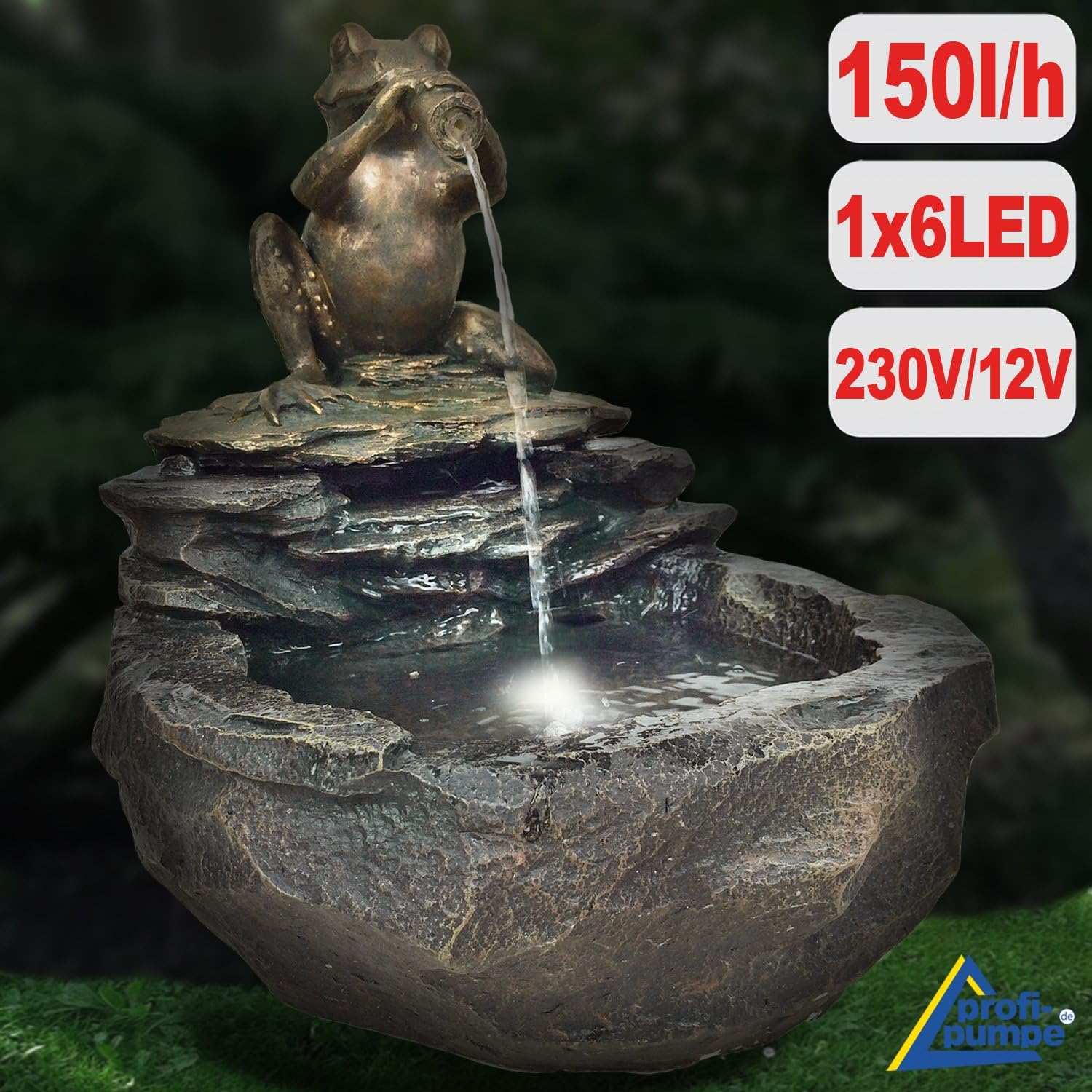Fontanna ogrodowa, wanna dla ptaków, wodospad, lampa ogrodowa, pompa do stawu, surowa żaba z oświetleniem LED - 230 V