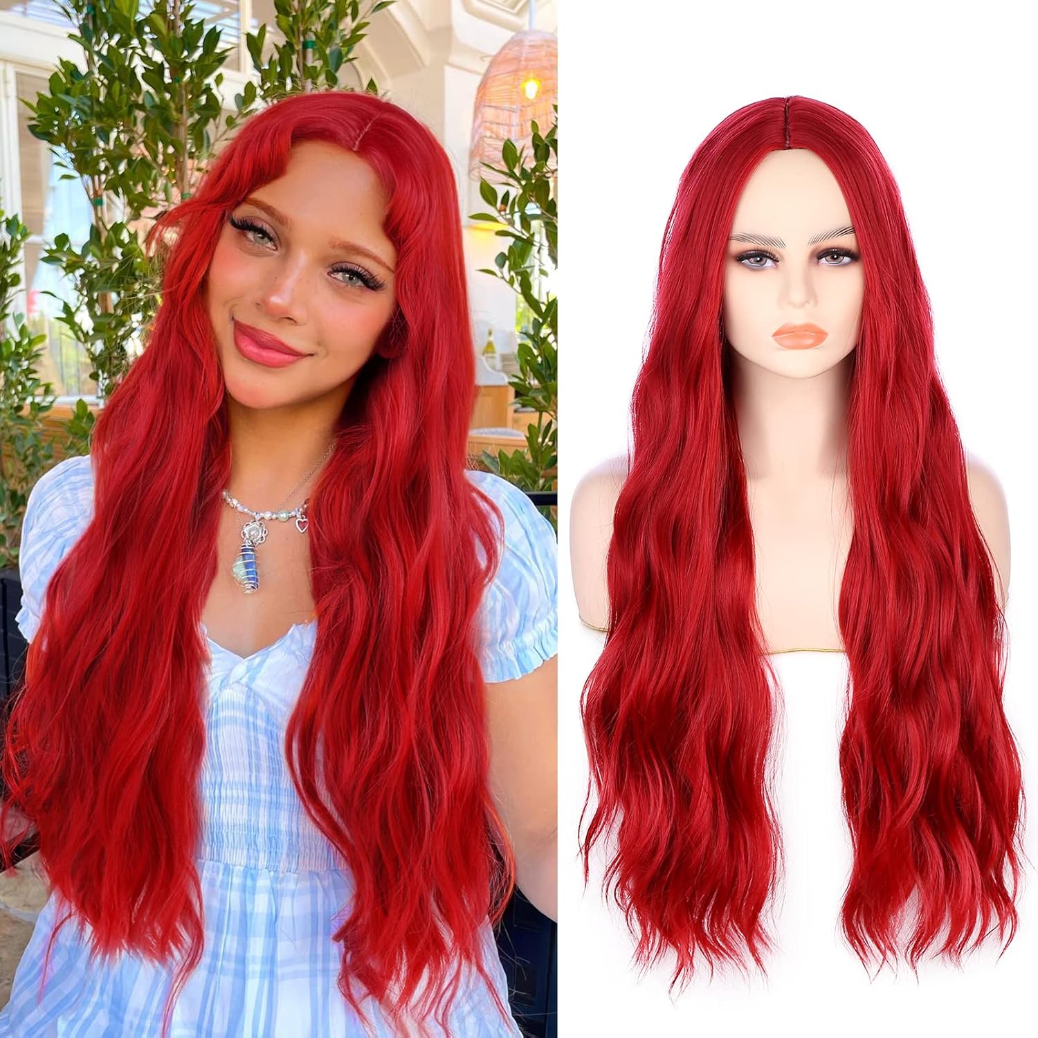 WIGNEE 28 Inches Long Curly Wavy Red Wig Middle Part Red Heat Resistant Synthetic Wig Long Red Wigs For Women Cosplay Wigs For Women 8-Red