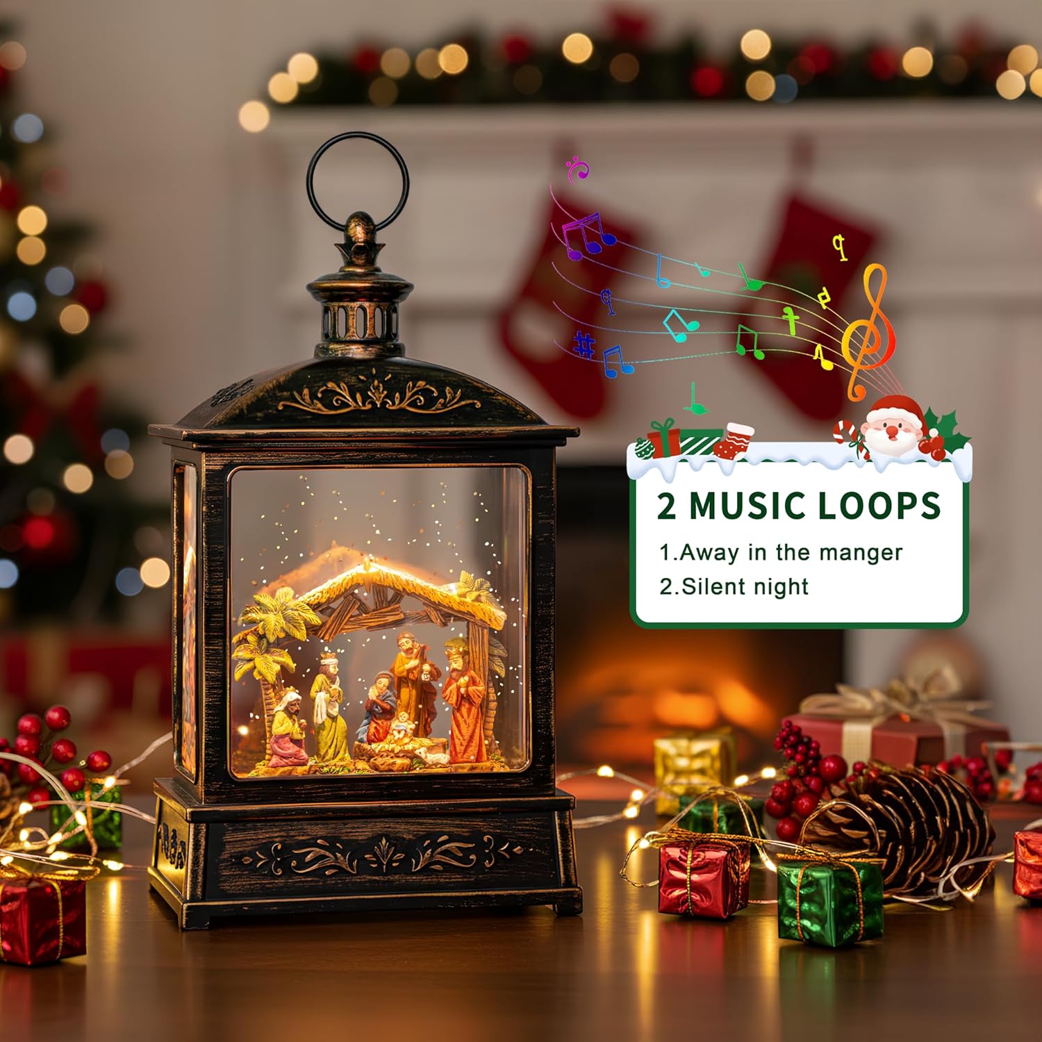 Christmas Snow Globe Glittering Nativity Scene with Music & Timer, USB Lined/Battery Operated Lighted Water Lantern for Christmas Festival Decoration Gifts - Image 3