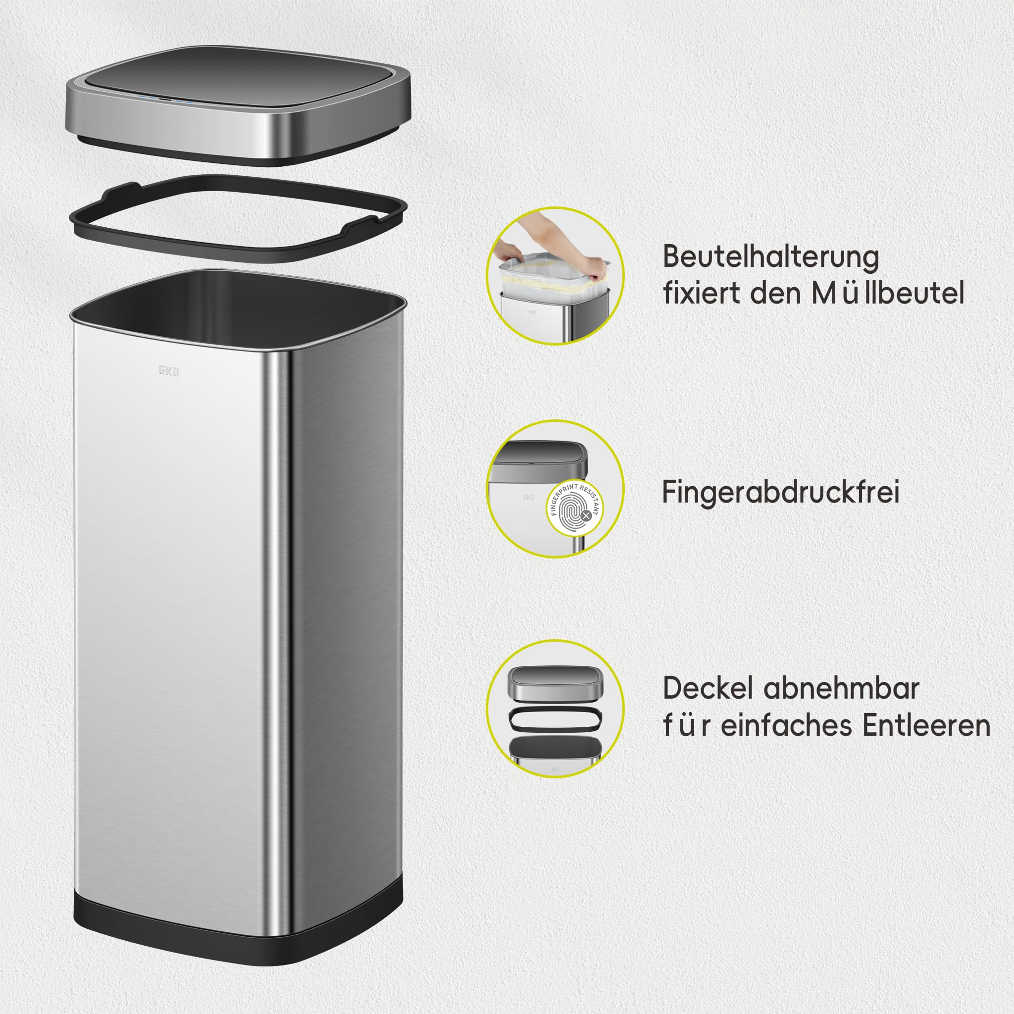 EKO EcoSmart 80L Sensor Mülleimer, großer hoher automatischer Abfalleimer, Soft-Close Deckel, fingerabdruckfrei, speziell für Ecken konzipiert, Edelstahl, elektrischer Mülleimer für Küche und Haushalt