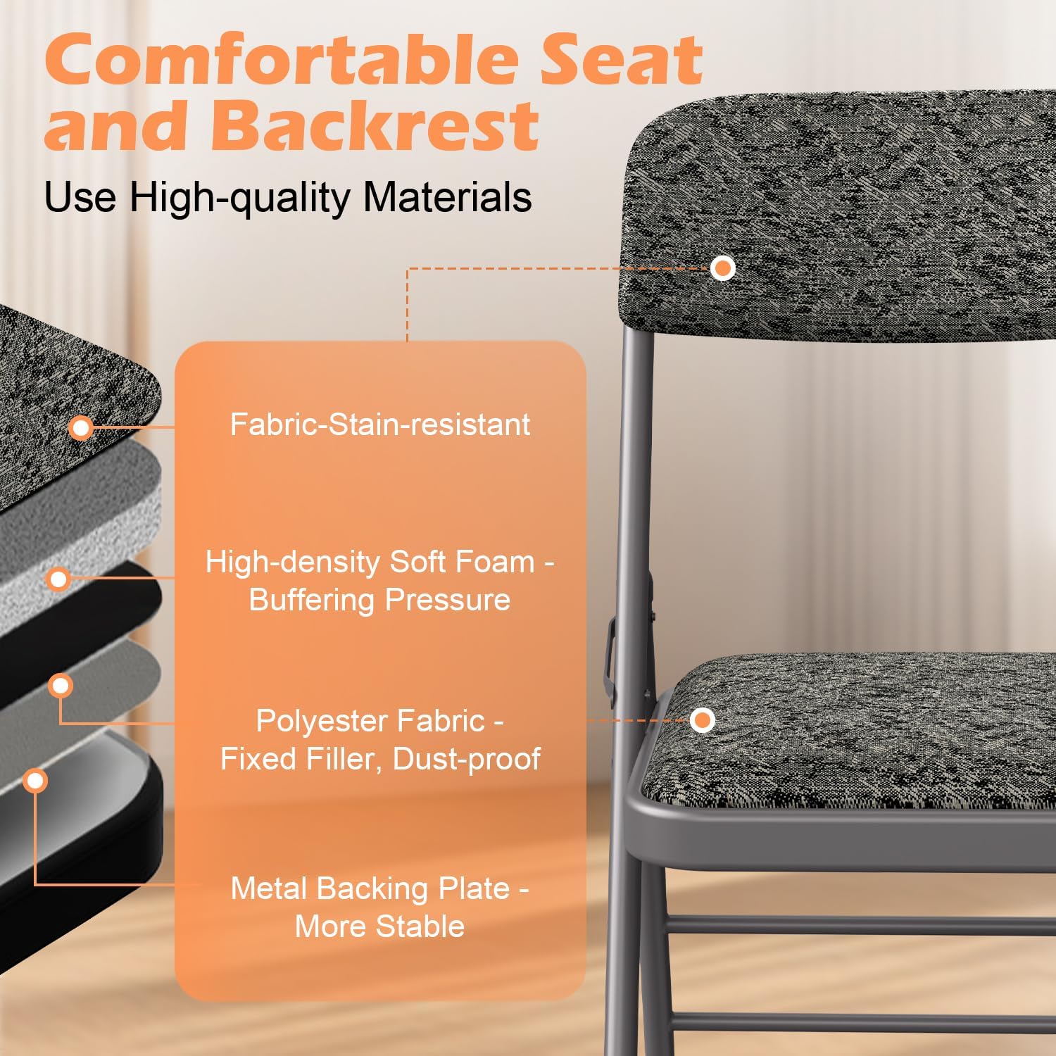 VTOY Commercial Grade Folding Chair with Padded Fabric Cushion（16"X16" |Double-hinged Legs Luxury Style|4.5kg Capacity Max Weight 150Kg for Home and Office,Indoor and Outdoor Events (2, Fabric-Grey)