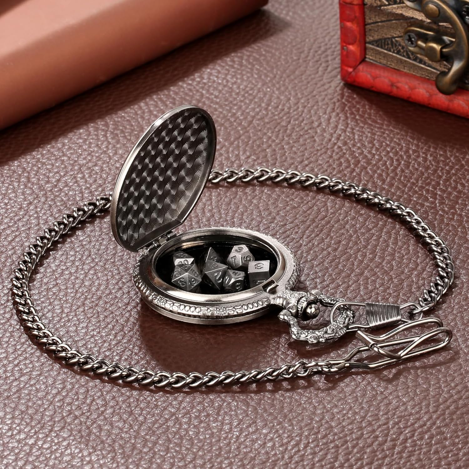 Mini DND Dice Set with Steampunk Double Eyed Octopus Pocket Watch Case, Tiny 7PCS Polyhedral Metal D&D Dice, DND Gifts with Gift Box, Role Playing Game Board Game Accessories Dice, Dark Silver