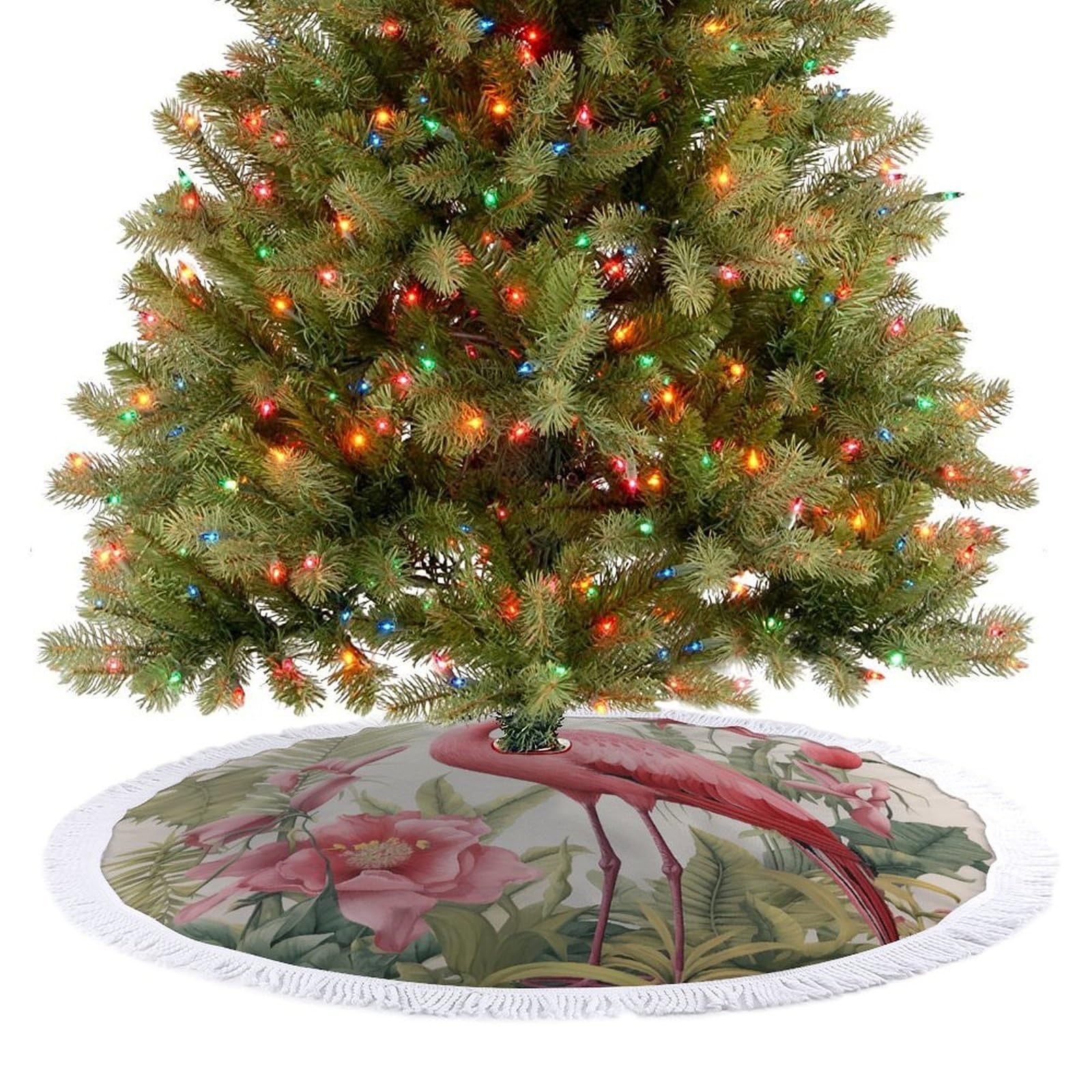Flamingo and Leaves Christmas Tree Skirt 48"x48" Rustic Xmas Tree Mat with Tassel Ornament Christmas Trees Cover Skirt Mat for Evergreen Trees Ornament Winter Holiday Mats Decorations