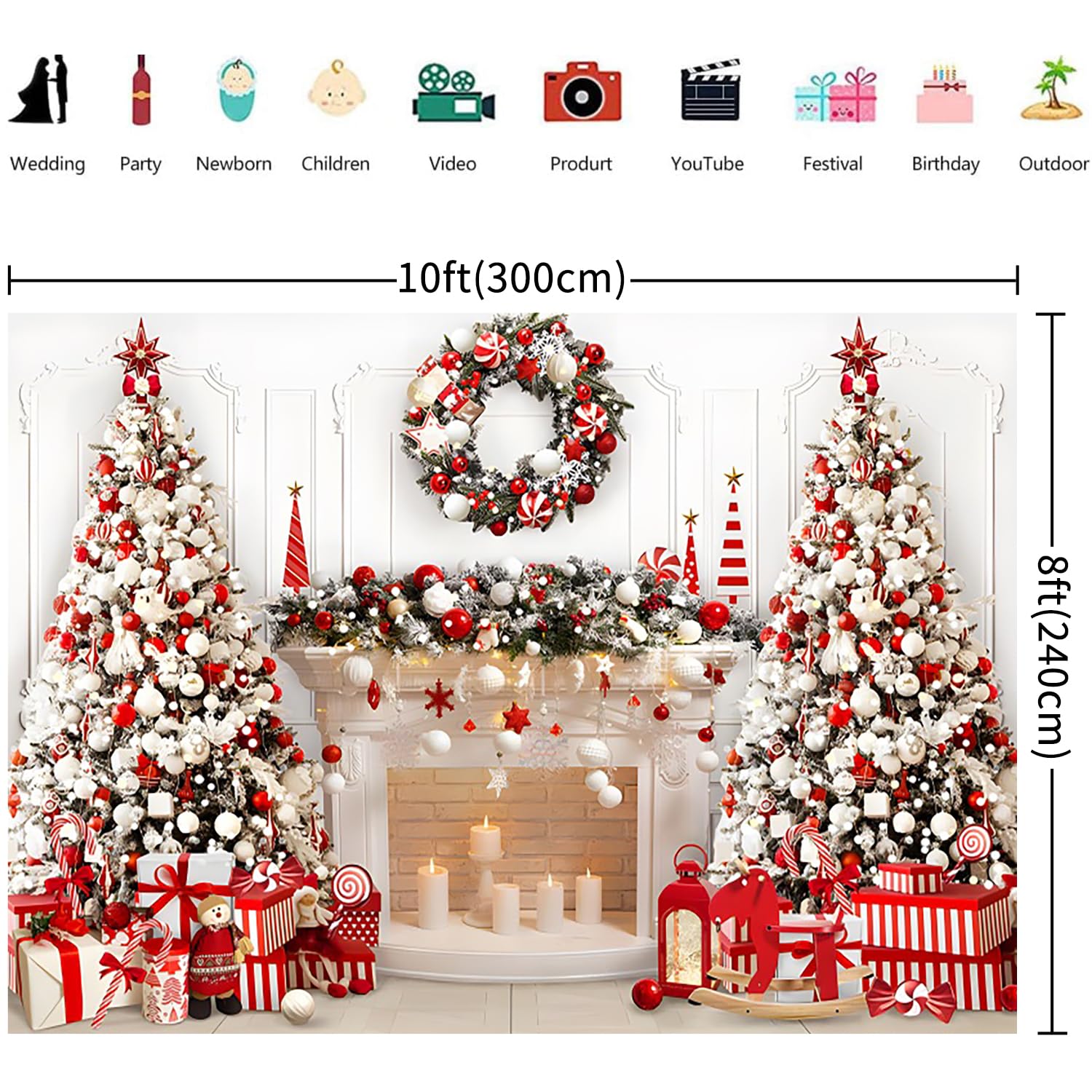 3x2.4m Sfondo Natale Foto Camino Bianco Rosso Albero di Natale Fotografia Sfondo Famiglia Bambini Inverno Vacanze Natale Capodanno Decorazioni Festa Banner Photo Booth Puntelli