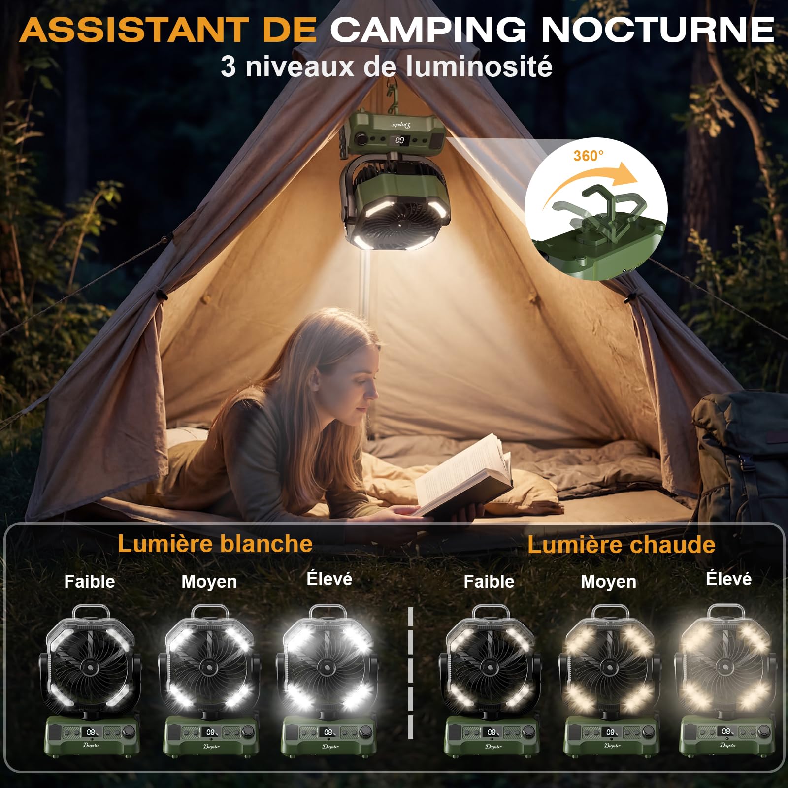 Ventilateur Camping Silencieux avec Lumière, Ventilateur Sans Fil Portable, Mist Fan Batterie Rechargeable 20000mAh avec Rotation et Minuterie, Crochet de Suspension pour Car Extérieur Bureau - Vert