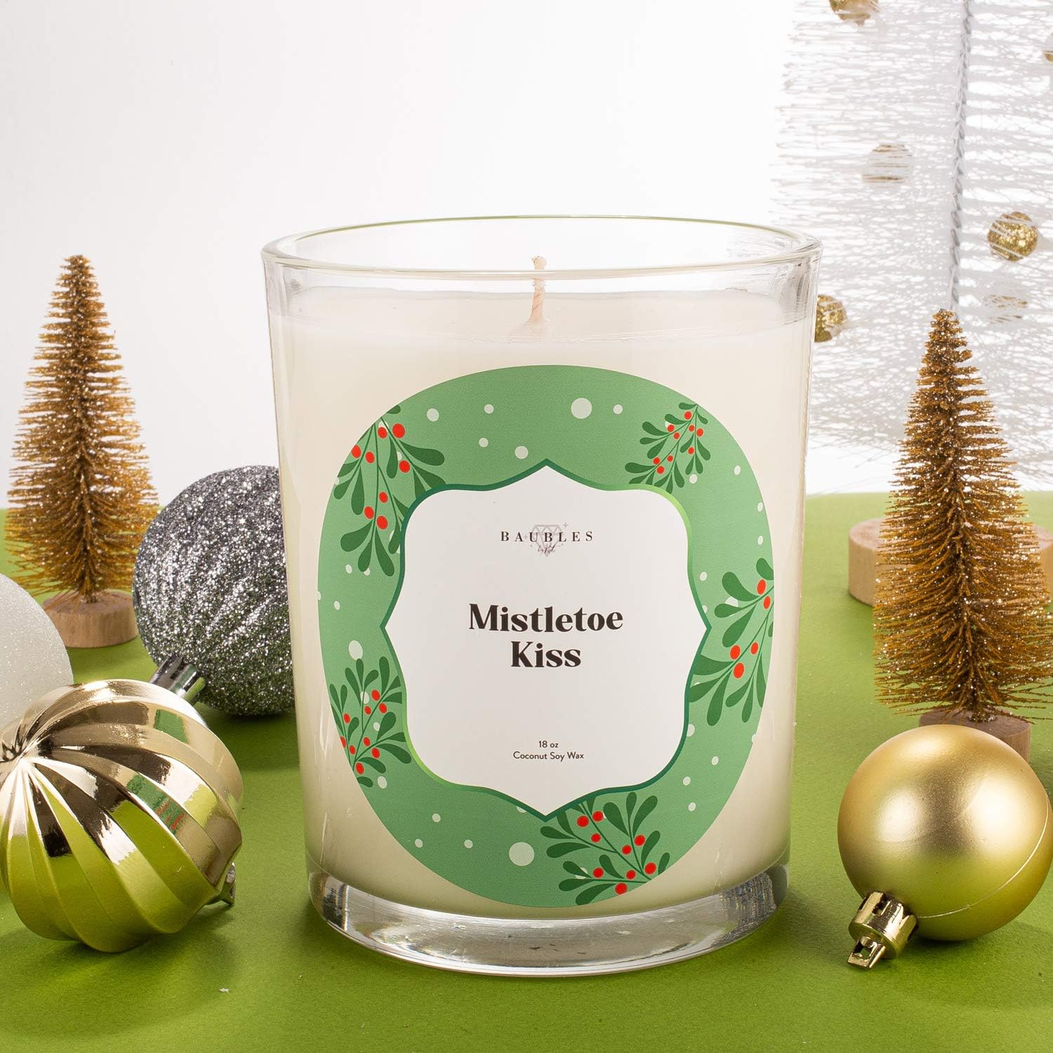 Kate Bissett Christmas Winter Candles | Mistletoe Kiss | Made with 100% Natural Soy and Coconut Wax | Hand Poured 18 oz Candles | Home Decor Gifts