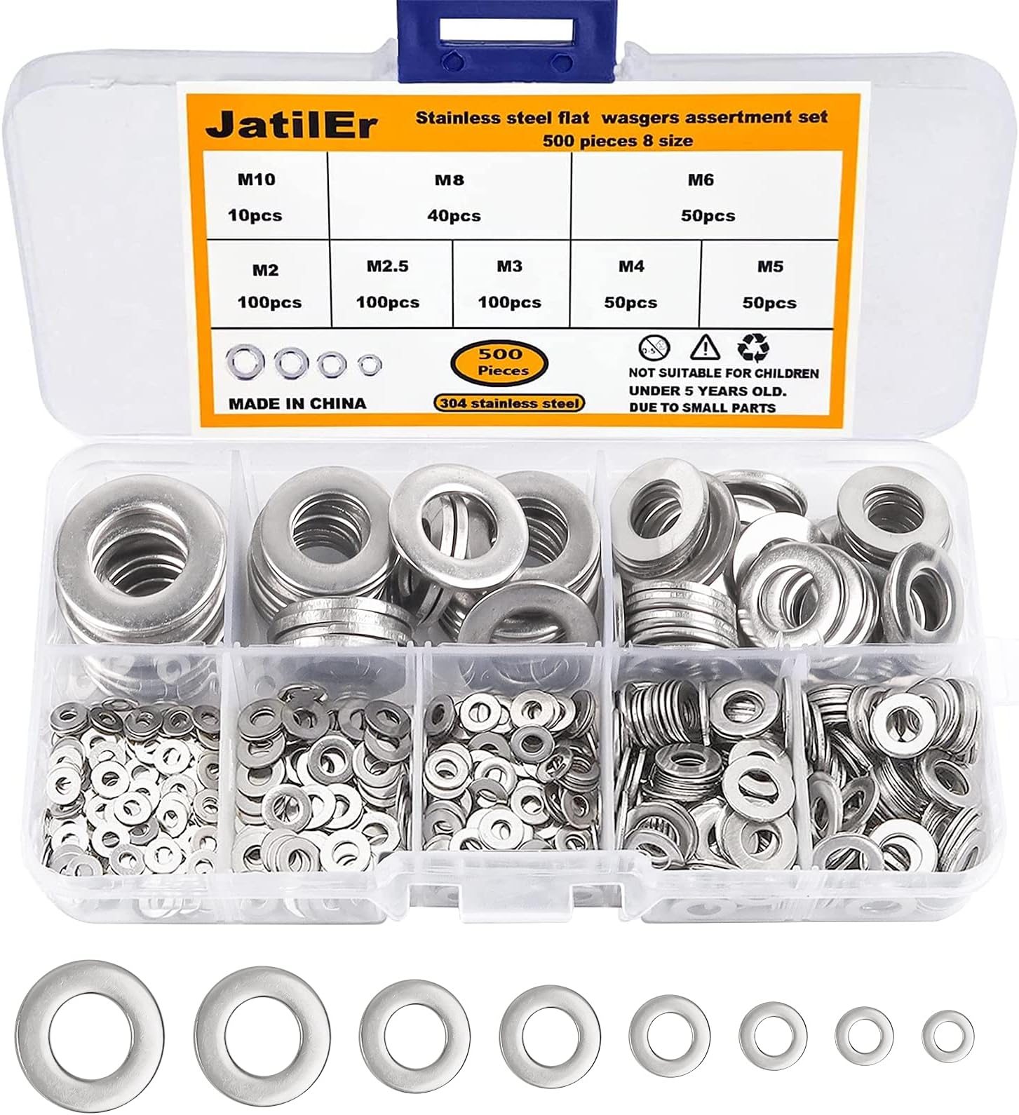 JatilEr 500 Pcs Flat Washers, Metal Washers Assorted Washers Kit M2, M2.5, M3, M4, M5, M6, M8, M10, Stainless Steel Flat Washers Small Screws Washer Assortment Set for Home Decoration General Repair