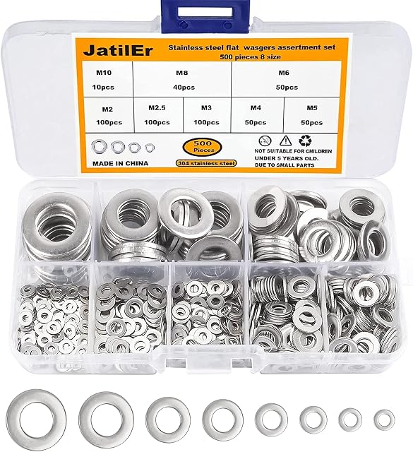 500 Pcs Flat Washers, JatilEr Metal Washers Assorted Washers Kit M2, M2.5, M3, M4, M5, M6, M8, M10, Stainless Steel Flat Washers Small Screws Washer Assortment Set for Home Decoration General Repair