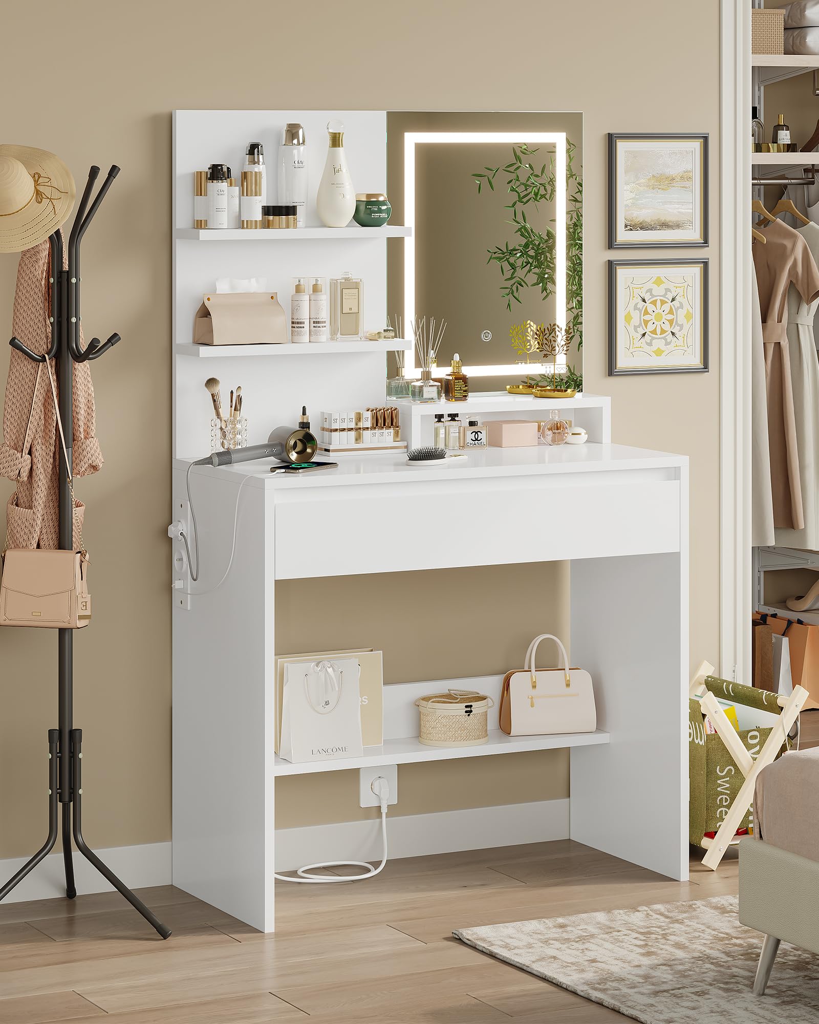 Tocador de Maquillaje LED, 3 Colores, Tocador de Maquillaje con Luz, Tocador con Espejo, Cajón Grande con Divisor Ajustable, Mesa Cosmética con Estantes Ajustables, Blanco