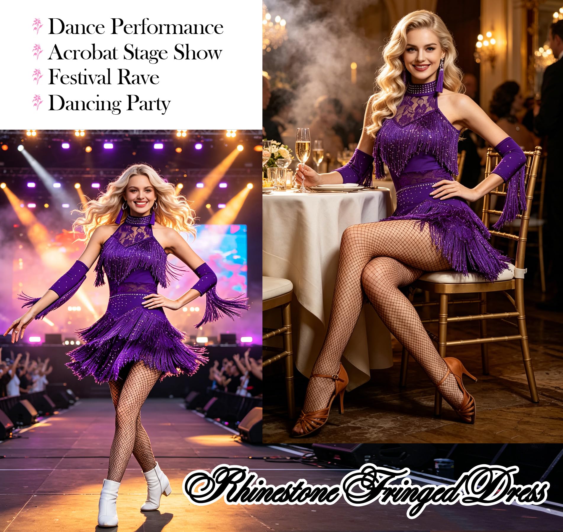 ZX Damen Tanzkleid Strass Pailletten Fransen Flapper Partykleid Latin Salsa Ballsaal Tanzen 4 Stück Outfits