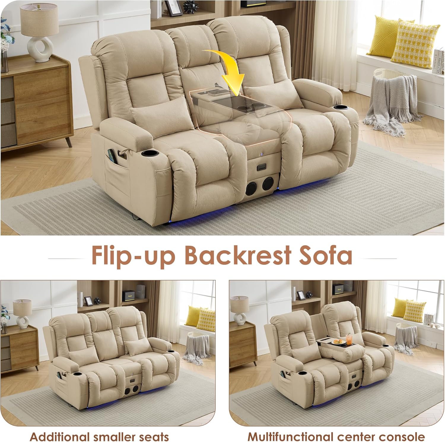 TUNYI Wall Hugger Power Loveseat Recliner - RV Reclining Loveseat with Console Theater Seating RV Recliner Sofa with USB/Outlet//Cup Holder/LED Light/Side Pocket (Beige, Loveseat)