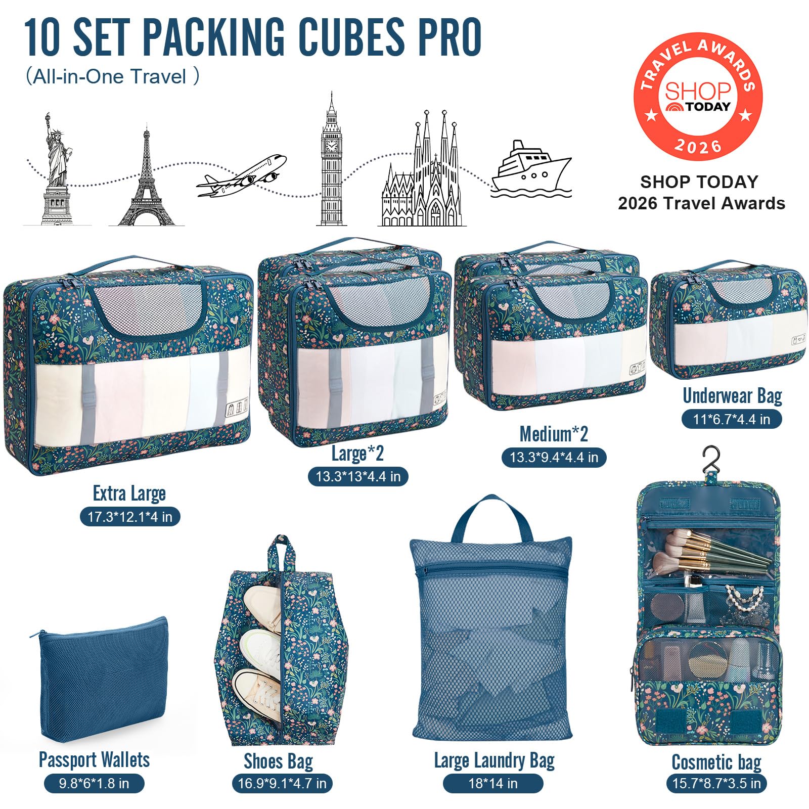 Veken 10 Set Packing Cubes for Travel Essentials,Anti-Wrinkle Buckled Suitcase Organizer for Shoe & Toiletry Bag,Carry On Luggage Bag with 99+ Count Mesh Holes for Airplane & College Dorm Accessories view 2