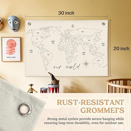 Miniatura 2 de MOFUYU Cartel de lienzo de mapa del mundo para niños, mapas del mundo para pared, decoración de pared de habitación de niños, letrero colgante de