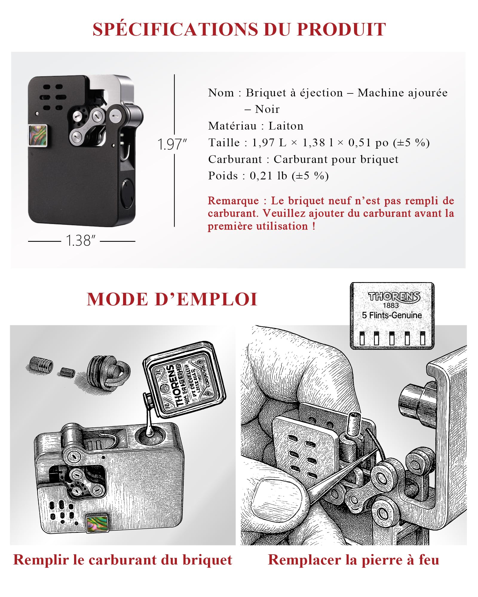Thorens Ejection Hollowing Machine Black Briquet à Essence Laiton Anti-Vent | Vintage, mécanique, allumage auto, rechargeable, flamme douce, extérieur, rétro, coque ajourée, collection, cadeau homme