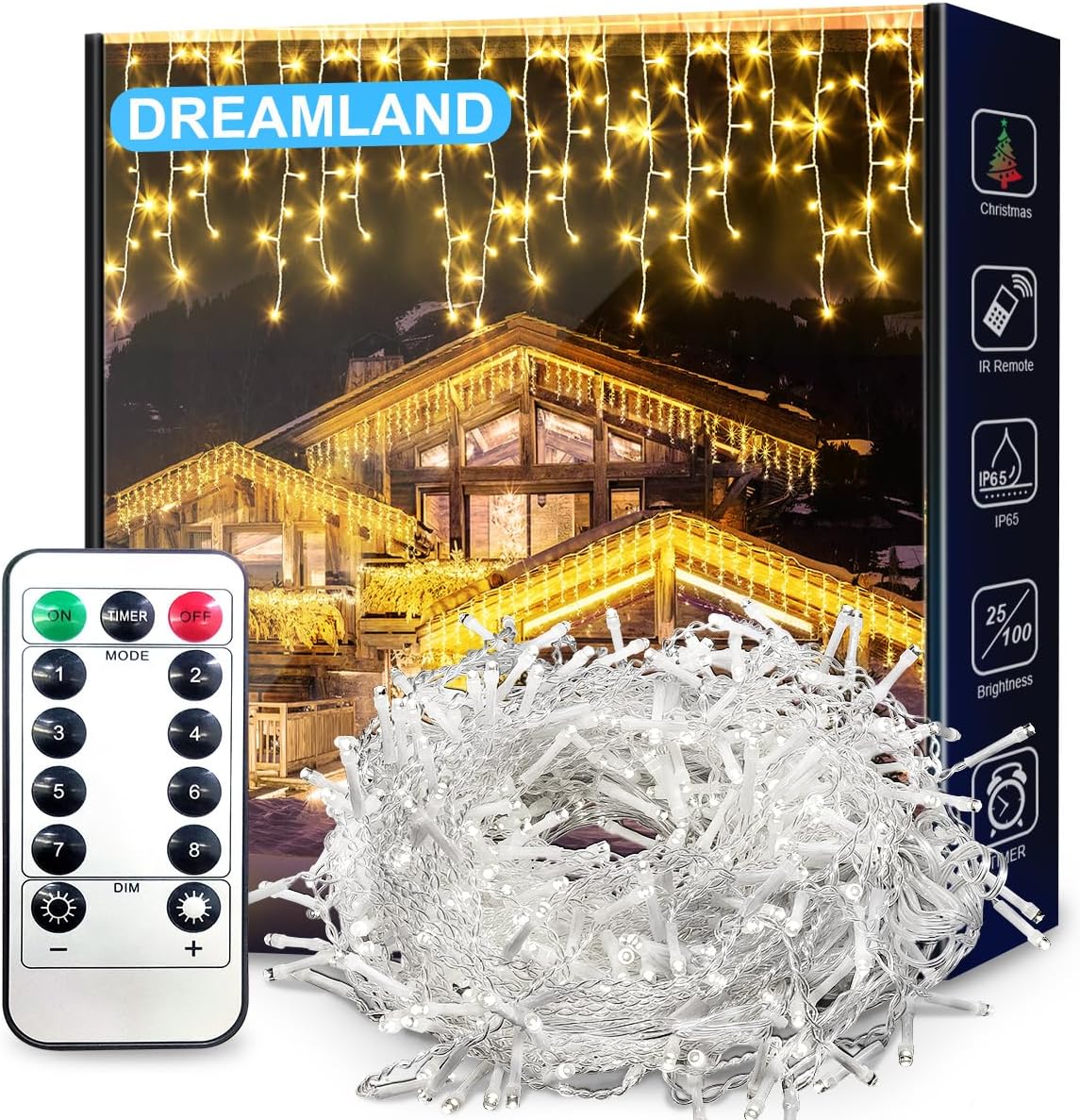 DREAMLAND 32.8FT Christmas Icicle Lights, Outdoor String Lights with 400LED 75 Drops, IP65 Waterproof Hanging Fairy Lights for Christmas Eaves Garden Room Decoration Warmwhite