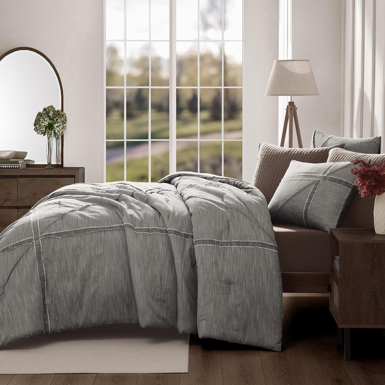 Wonderful Black Grey Comforter Set King Size Cotton Bedding Set, Yarn-Dye Weaved, Slub Textured Jacquard, Hotel Style, Geometric Raw Edge Sticker Lightweight Comforter with Pillowshams for All Season