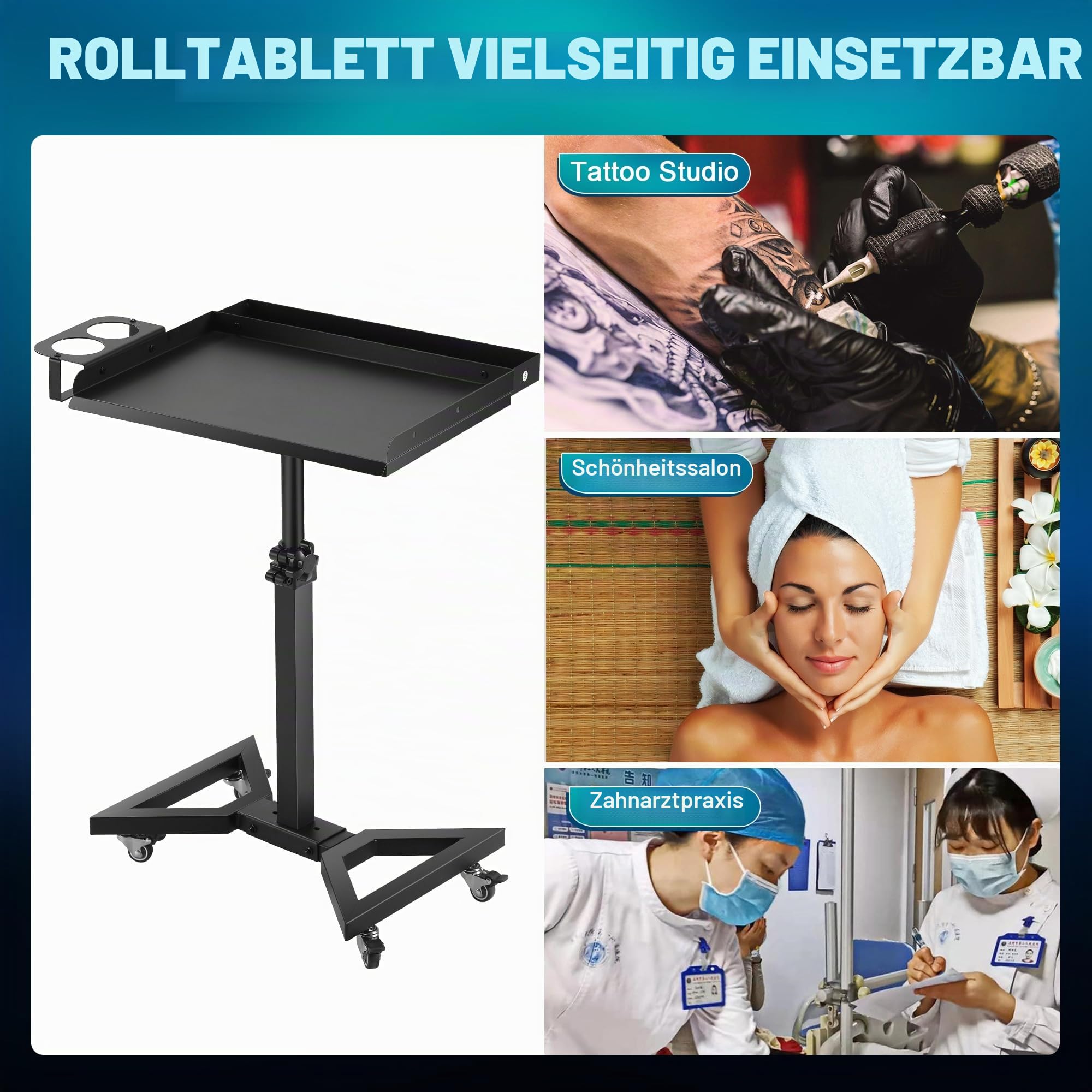 Poarmeey Salon-Tablettwagen mit ausziehbarer Werkzeugablage, Tattoo-Rollwagen höhenverstellbar