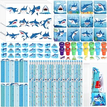 168 Pcs Shark Party Favors Under The Sea Mini Notepad Ocean Ruler Bookmark Sea Birthday Stampers Pencils Erasers for Shark Theme Rewards Exchange Gift Bag Fillers Supplies