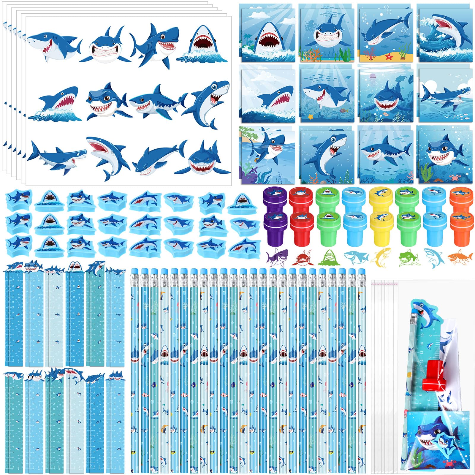 Herdear 168 Pcs Shark Party Favors Under The Sea Mini Notepad Ocean Ruler Bookmark Sea Birthday Stampers Pencils Erasers for Shark Theme Rewards