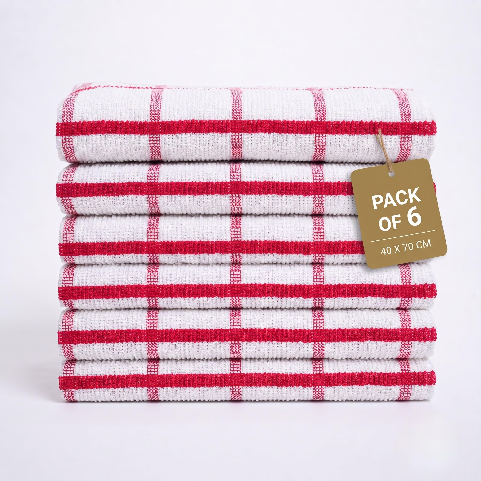 Gift Hub Kitchen Tea Towels Set, 100% Cotton Terry Cleaning Cloths | Highly Absorbent Big Check Towels for Drying Dishes & Glassware, Home Essentials | 40 x 70 cm, Red - Pack of 6