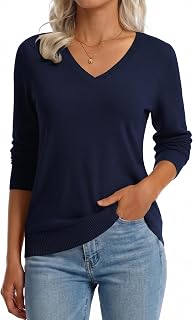 QUALFORT 100% Cotton Sweater for Women V Crew Neck Midweight Knit Pullover