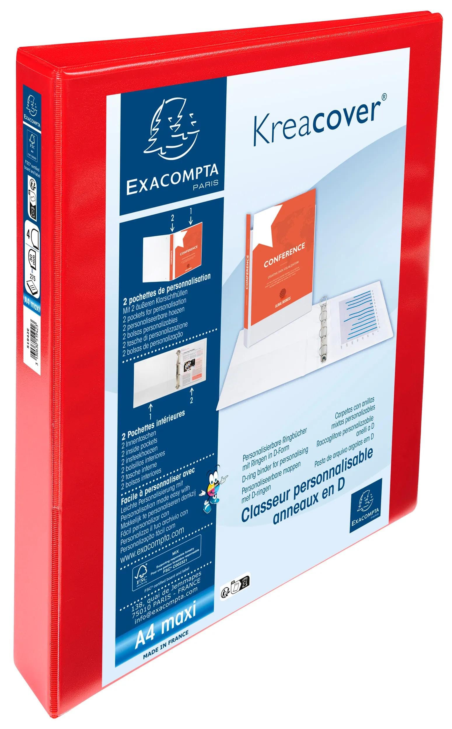 Exacompta Krea Cover 30 Mm Presentation Binder Pp (Polypropylene) A4+ 4 Rings Red 51942Re Pack Of 10