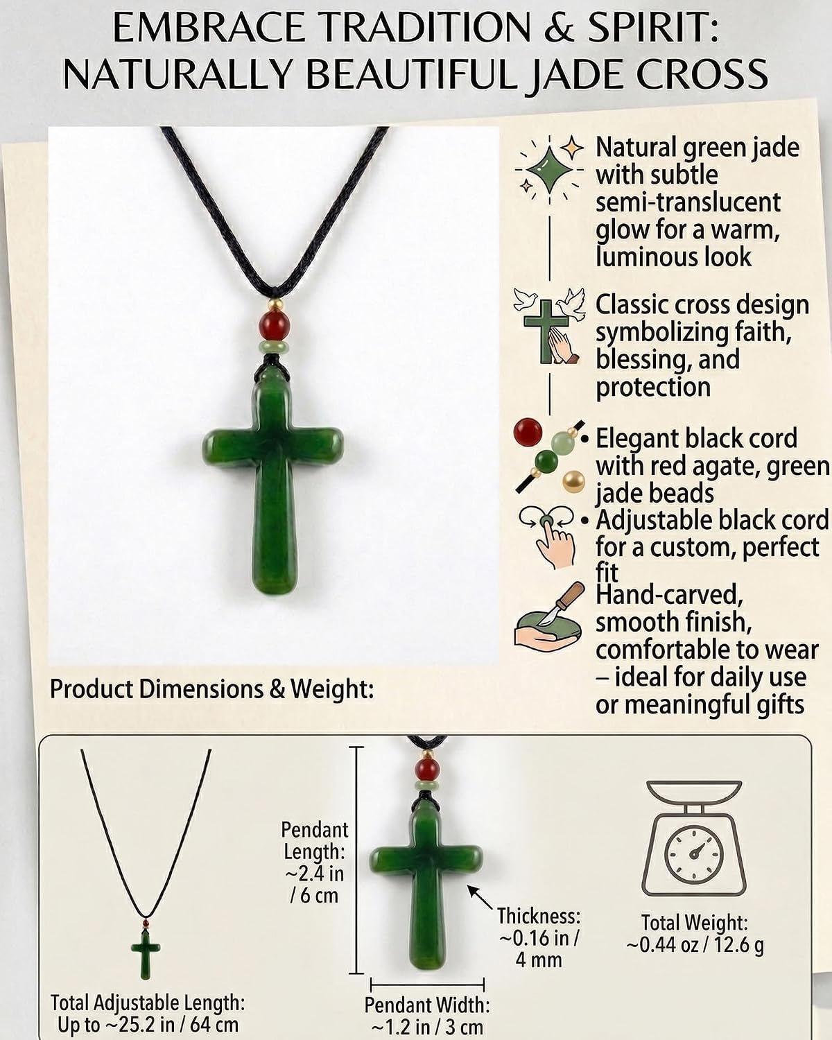 Natural Jade Cross Necklace for Men/Women Green Stone Healing Cross Pendant Necklace Christian Religious Spirit Jewelry Gift