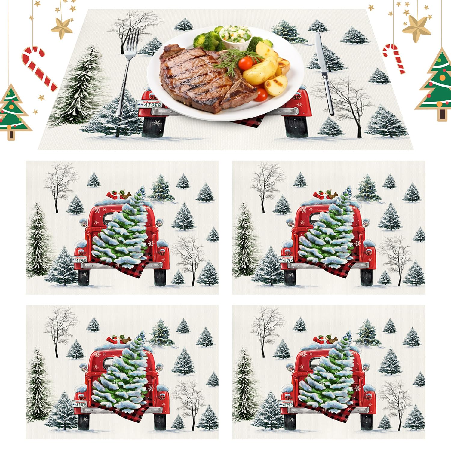 Juego de 4 Mantel Individual Navidad, Individuales Mesa Navidad, con Diseño Invernal Navideño con Arboles y Camión, Manteles Individuales Lavables para Cocina, Banquetes de Vacaciones(45 x 30cm)