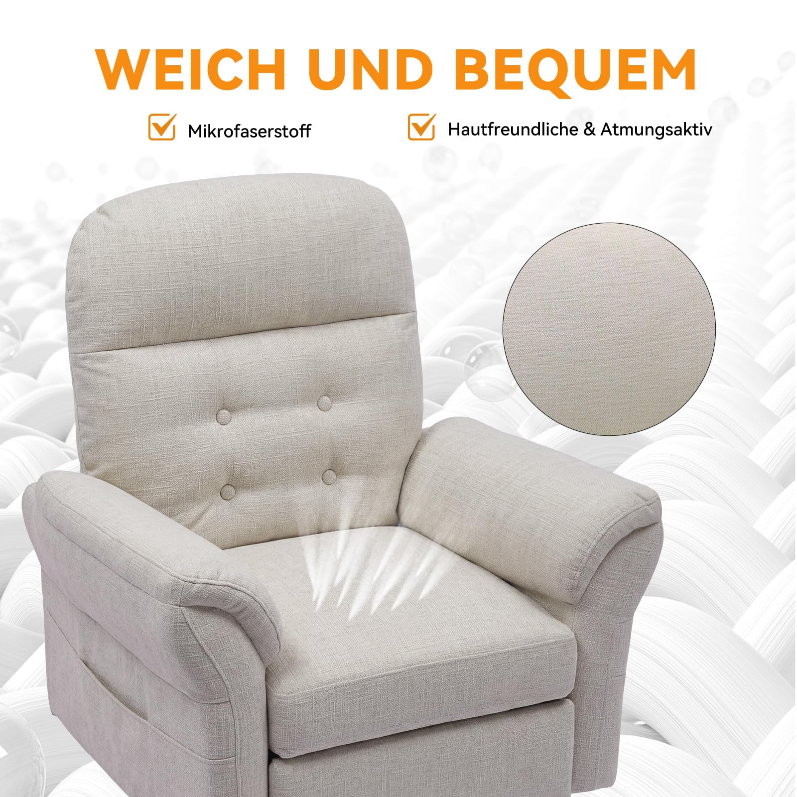 COMHOMA Relaxsessel Fernsehsessel mit Liegefunktion, Liegesessel mit Hocker & 4 Verstellbarer Rückenlehne, Polstersessel Stoff Einzelliegesessel Wohnzimmer Schlafzimmer Heimkino, Chenille, Beige