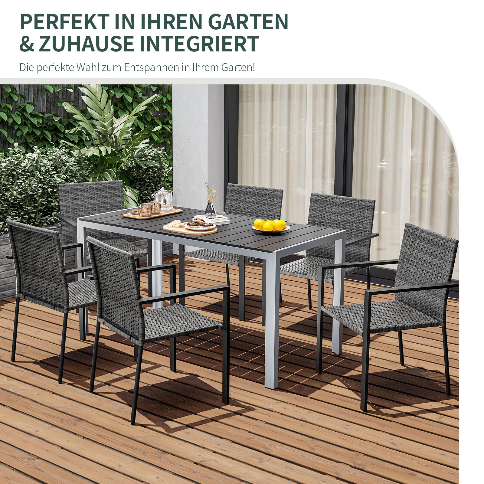 Amopatio Gartenstühle Stapelbar 6er Set, Polyrattan Stapelstuhl Garten mit Armlehnen, Stabiler Stahlrahmen, Wetterfest Rattansessel - Rattan Balkonstühle für Balkon, Terrasse, Grau