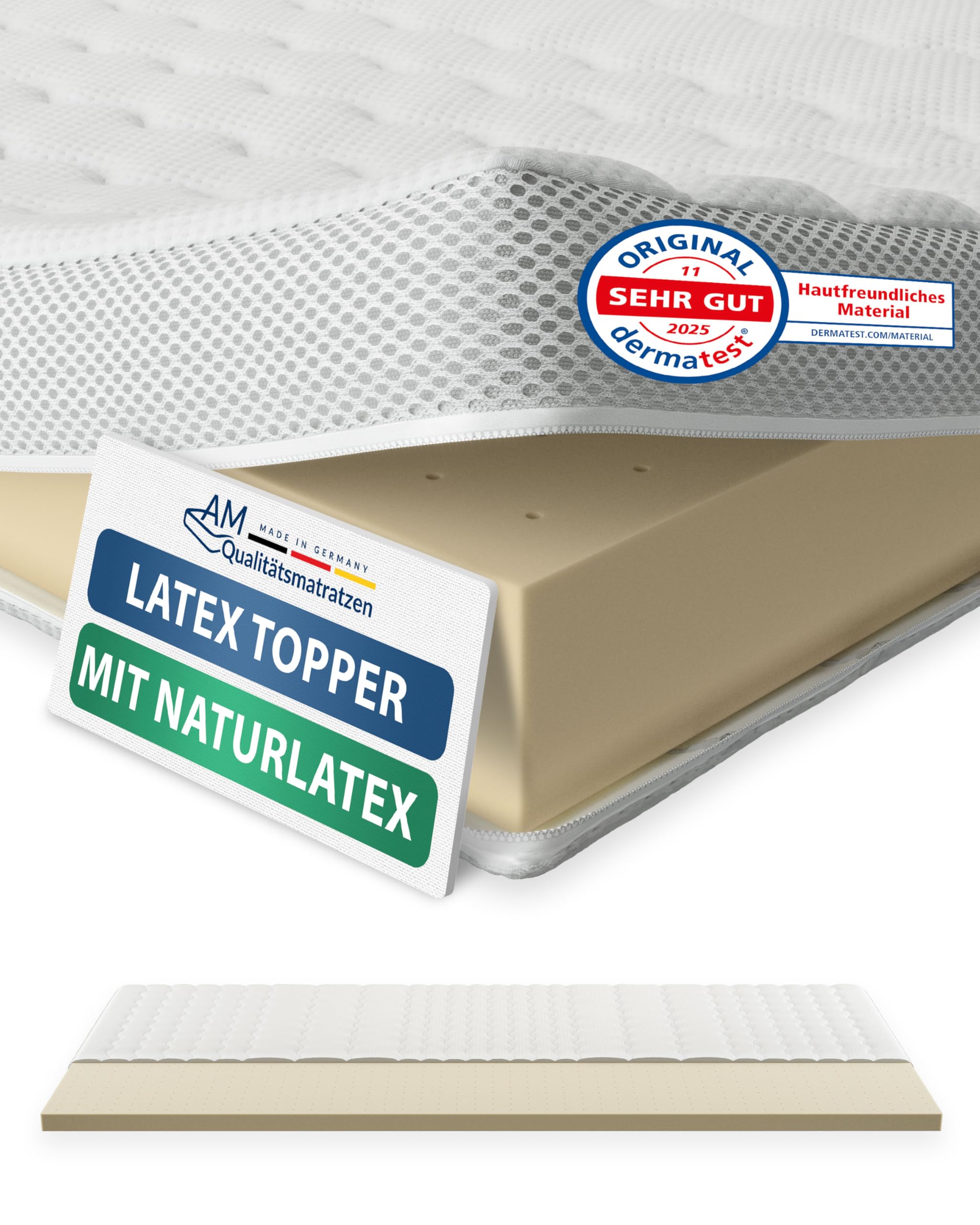 AM Qualitätsmatratzen Premium Latex Topper 90x200cm RG65 - Made in Germany - Atmungsaktiver Naturlatex Topper 90x200-6cm - Matratzenauflage 90x200 mit Lyocell Bezug und Anti-Rutsch Funktion