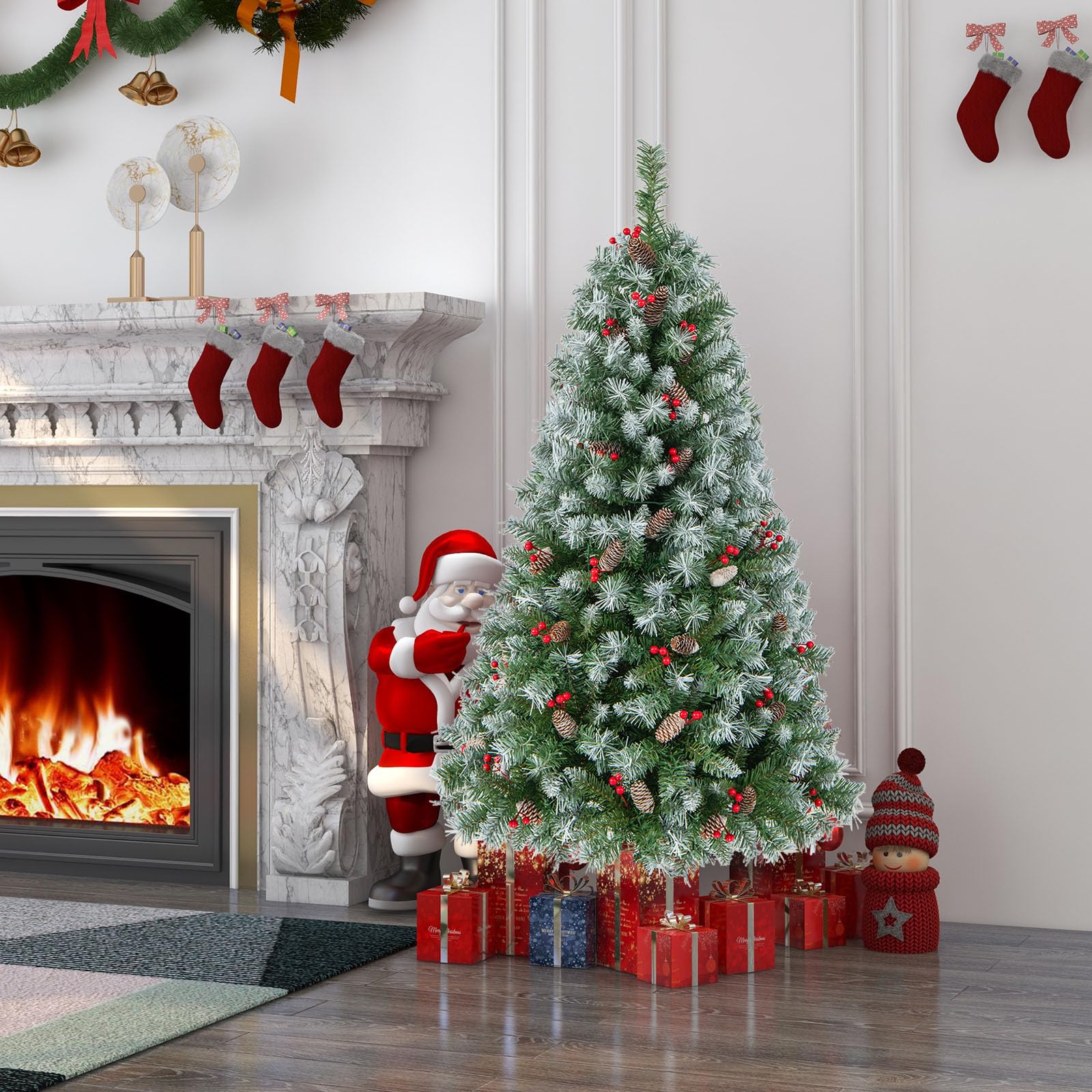 GYMAX 150 cm Albero di Natale Innevato Automatico, con 200 Luci a 8 Modalità, 450 Rami in PVC, 26 Pigne e 126 Bacche, Folto e Realistico, Base Pieghevole in Metallo, Montaggio Facile