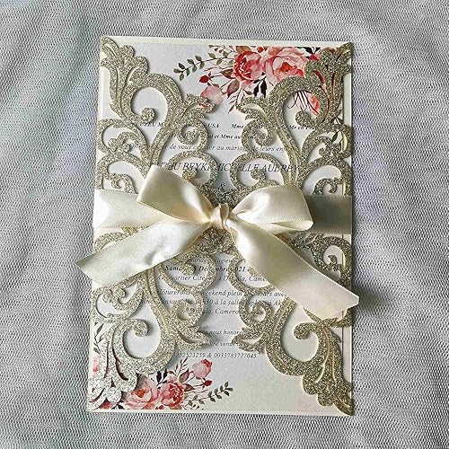 Miniatura 4 de 25 tarjetas de invitaciones de boda con purpurina dorada champán cortadas con sobres, hojas interiores en blanco, cintas para boda, despedida de