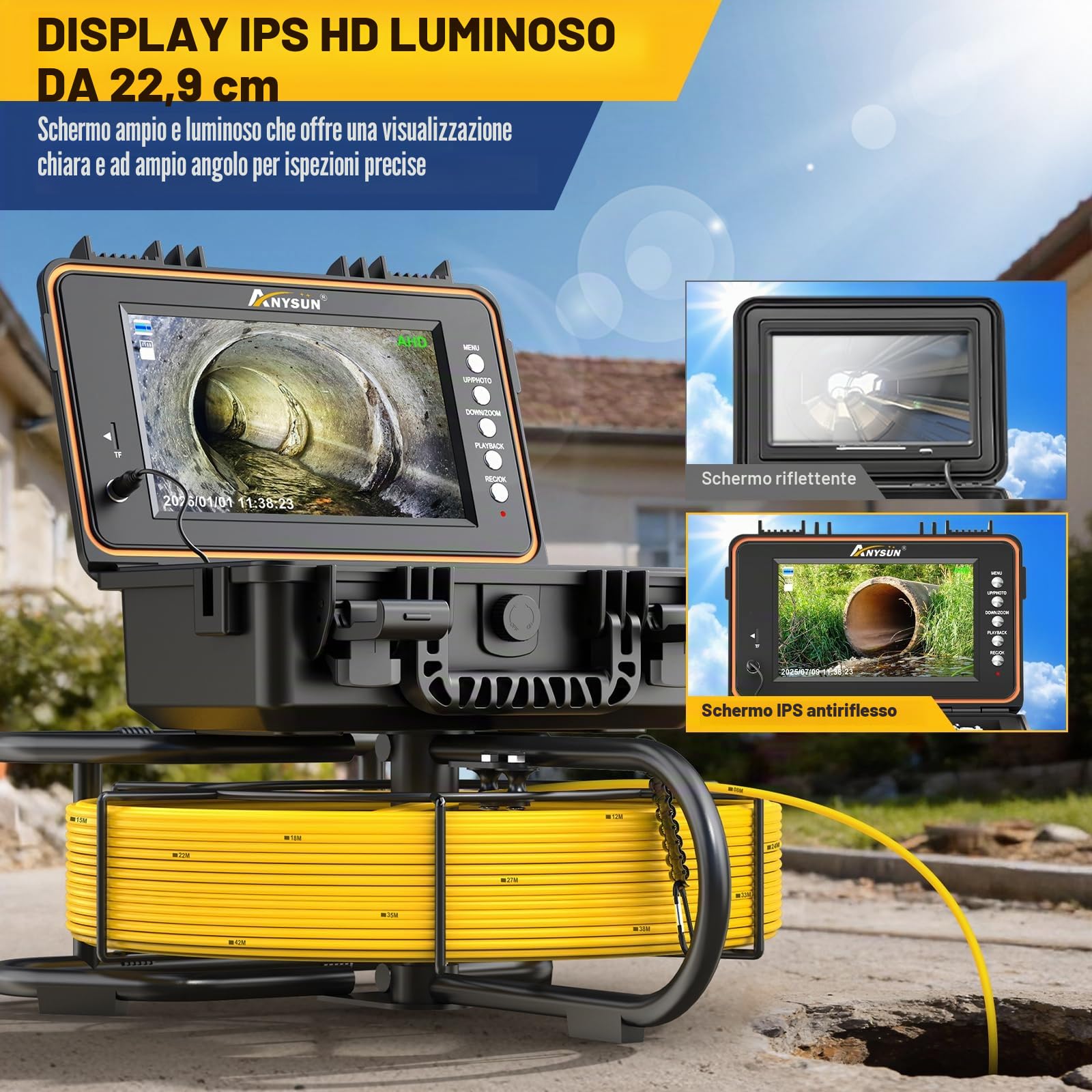 Anysun Auto-Livellamento Telecamera Ispezione, 50M Videoispezione con Trasmettitore 512Hz, Telecamera 23MM 1080P HD, Cavo 7MM, DVR, IPS 9" Endoscopio Tubi IP68 Impermeabile con Batteria 5100mAh