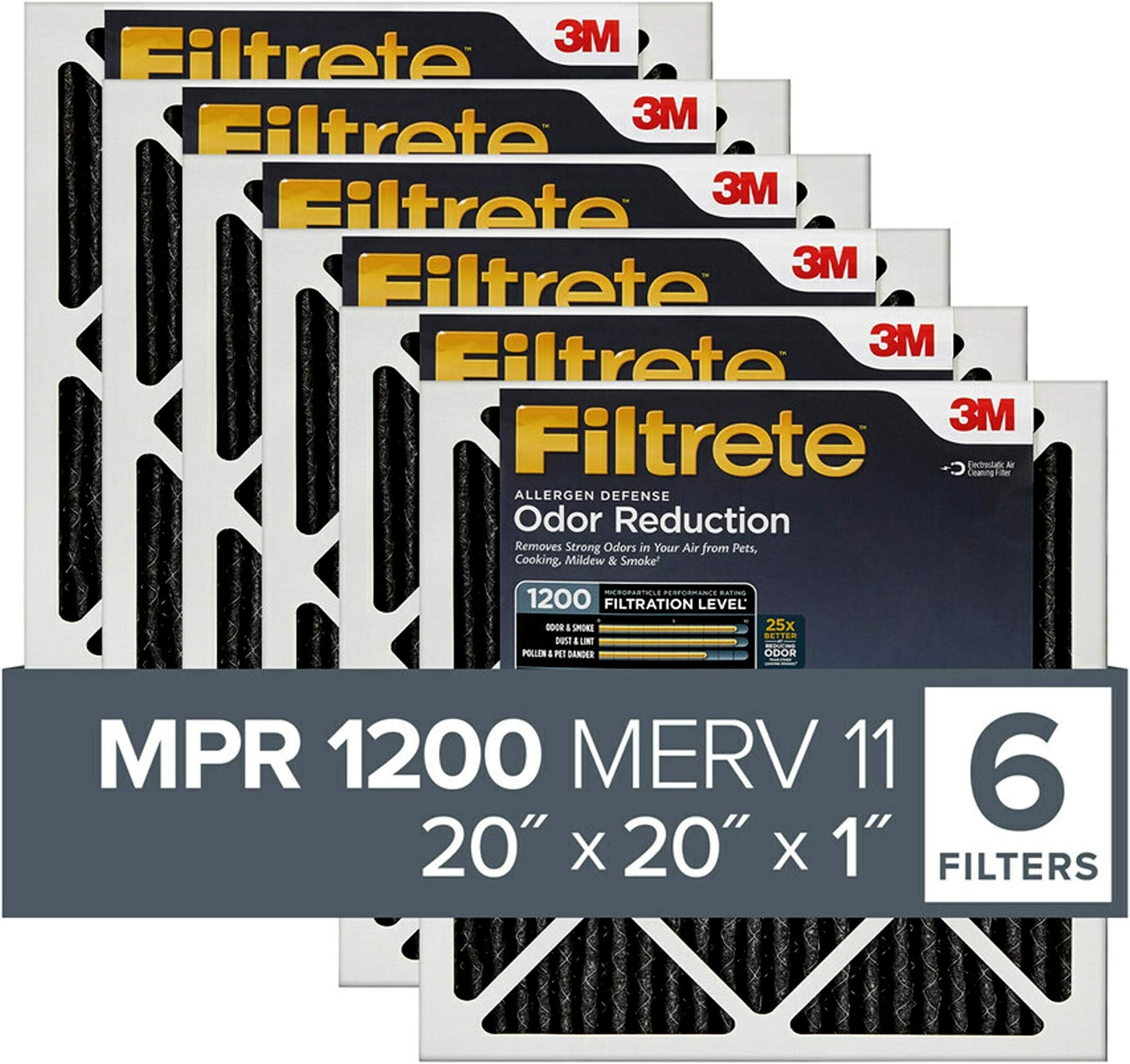 Filtrete20x20x1 Air Filter, MPR 1200, MERV 11, Allergen Defense Odor Reduction 3-Month Pleated 1-Inch Air Filters, 6 Filters