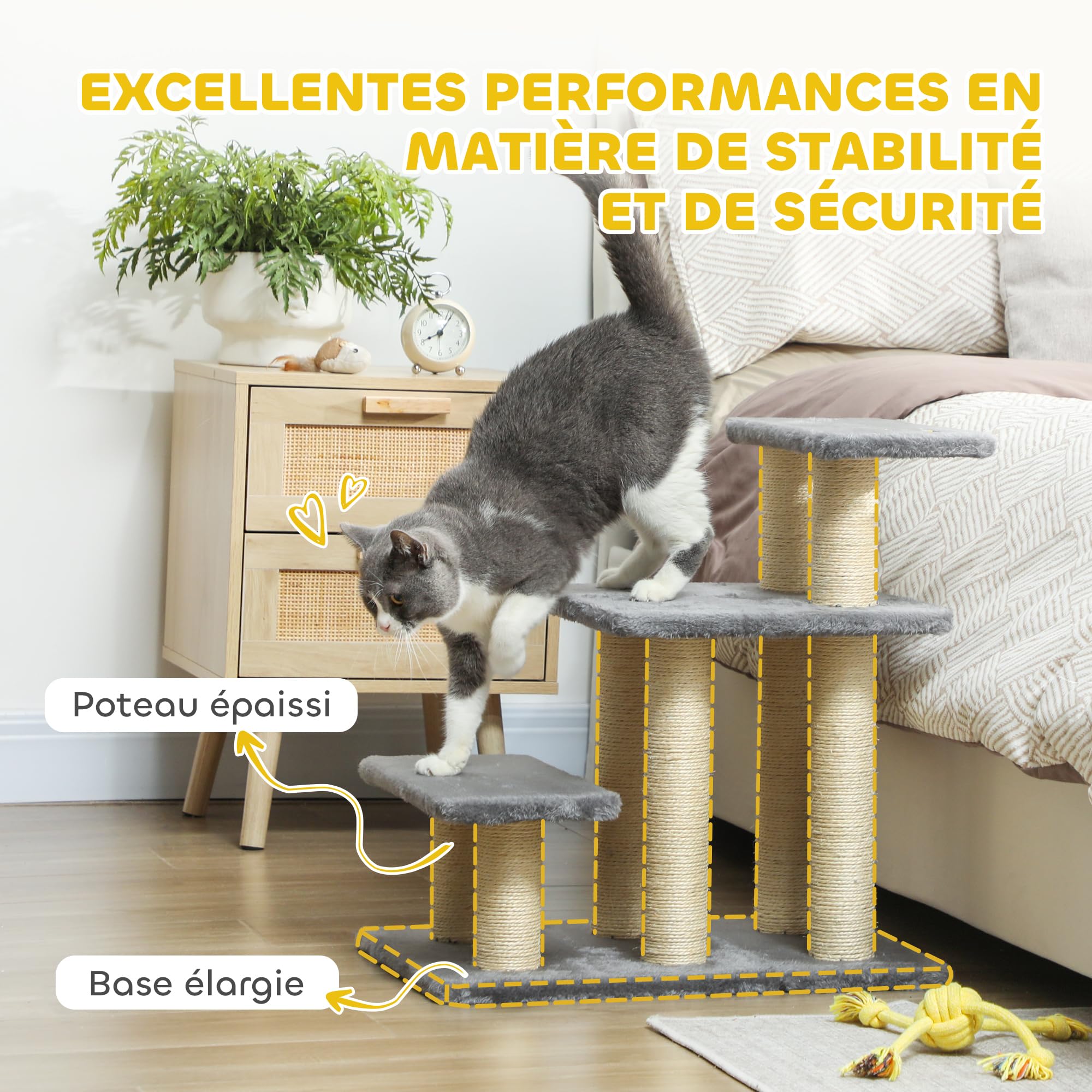 PawHut Escalier pour Chat réglable 3 marches, Arbre à Chat avec Balle et griffoirs en sisal, pour Atteindre Facilement Les Lits Hauts ou Les canapés, Gris